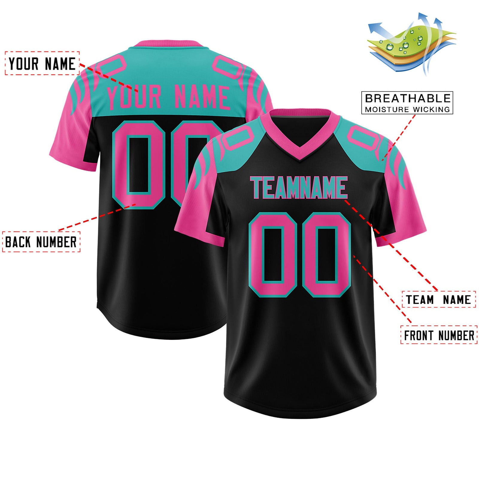 Custom Black Pink Raglan Sleeves Personalized Pattern Authentic Football Jersey