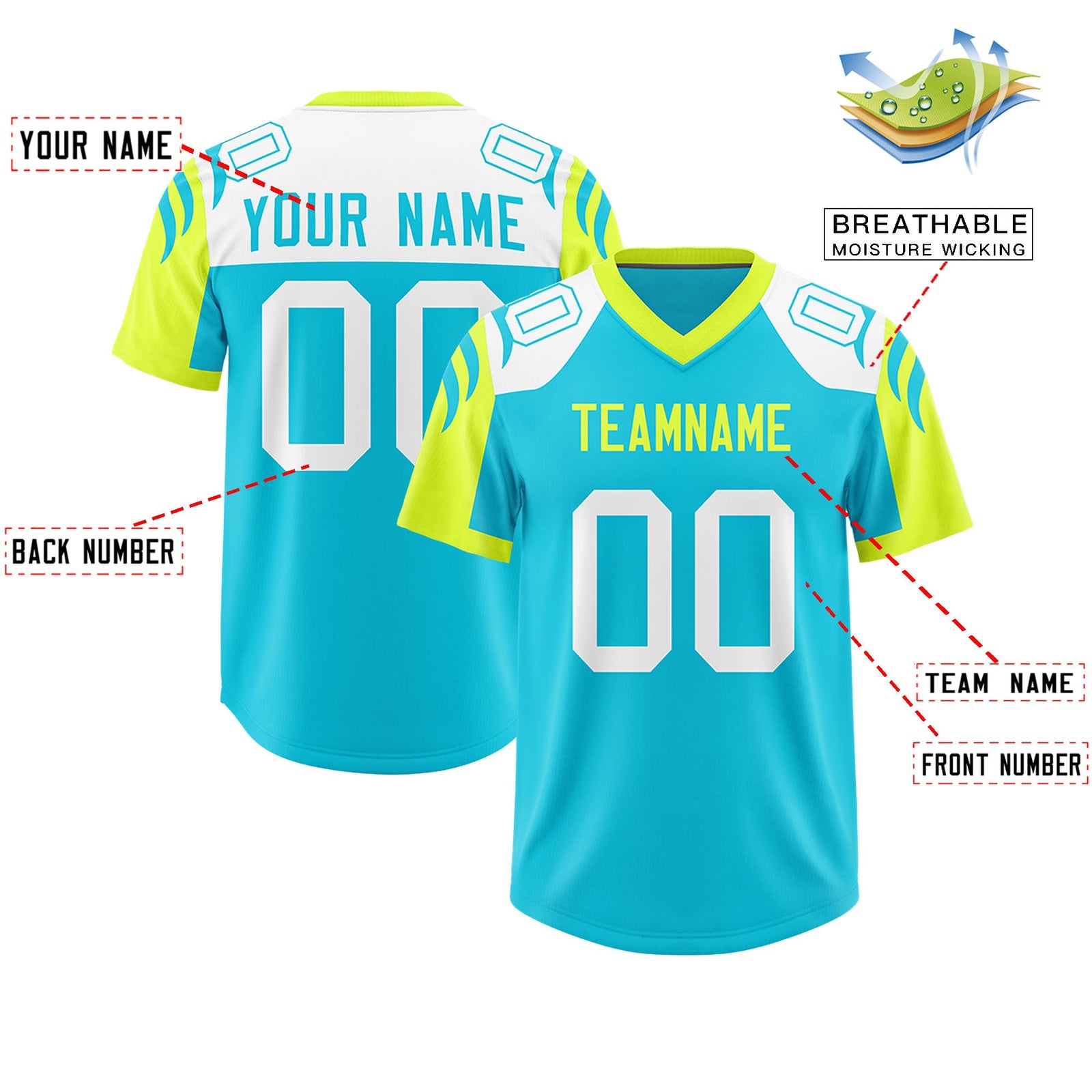 Custom Sky Blue Fluorescent Green Raglan Sleeves Personalized Pattern Authentic Football Jersey