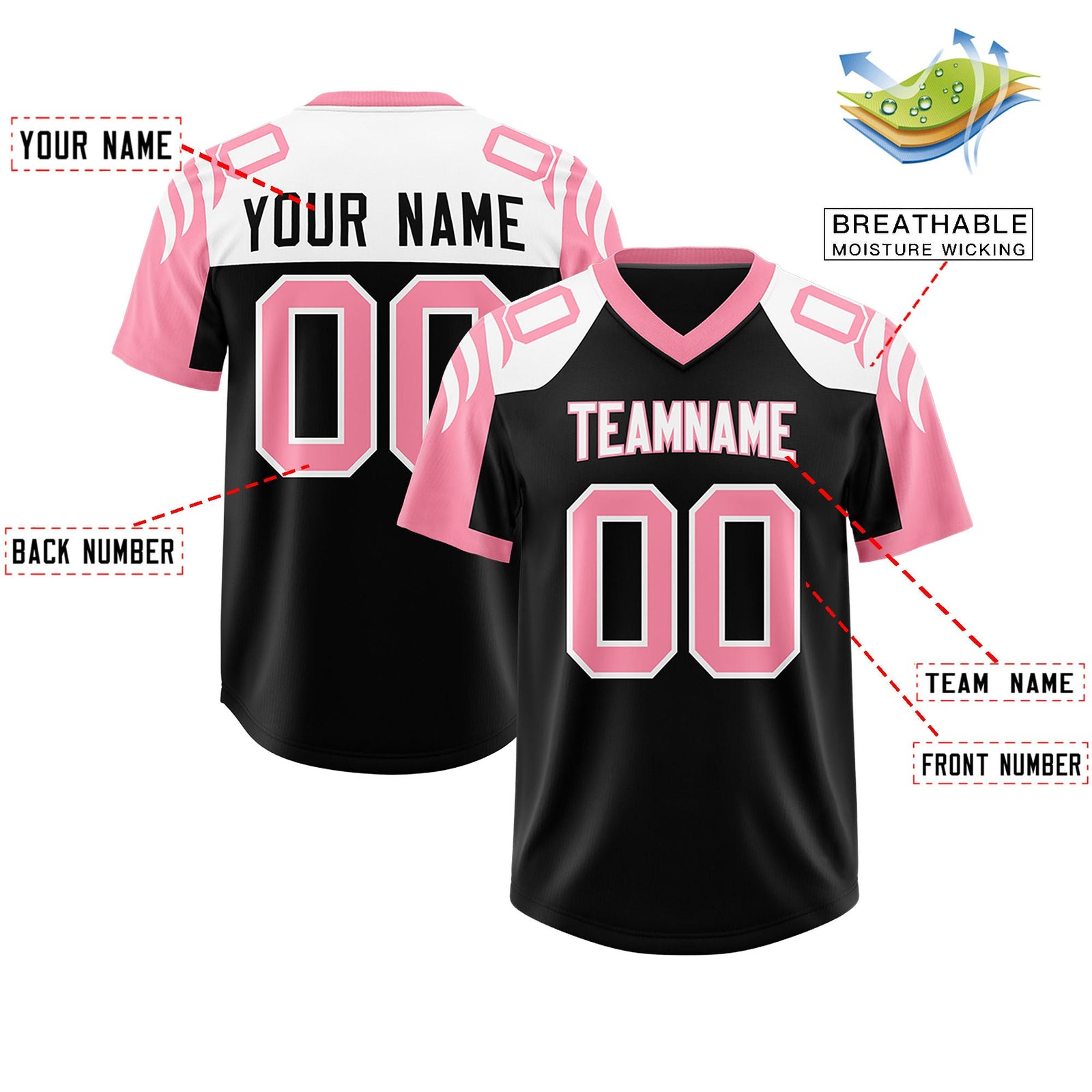 Custom Black Light Pink Raglan Sleeves Personalized Pattern Authentic Football Jersey