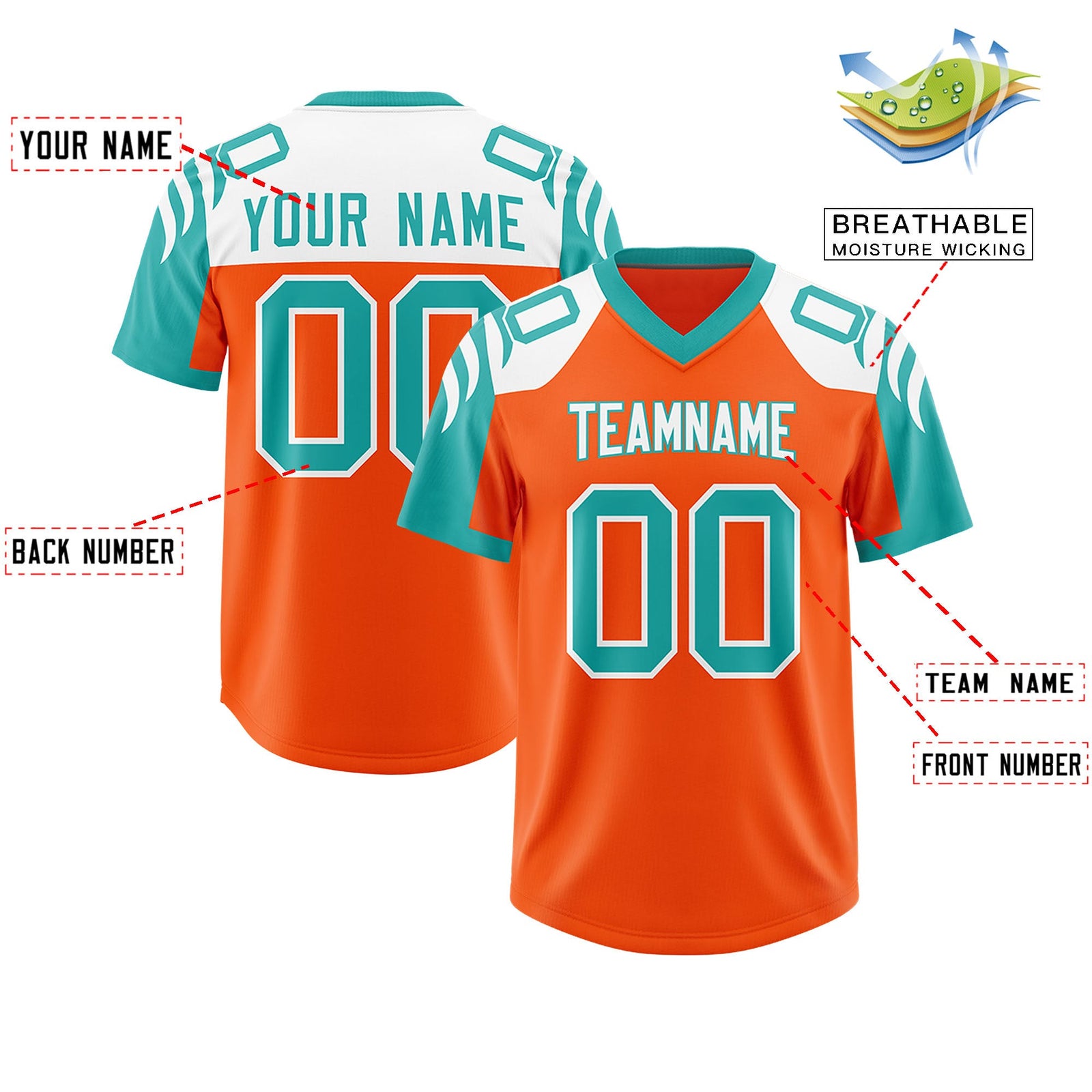Custom Orange Aqua Raglan Sleeves Personalized Pattern Authentic Football Jersey