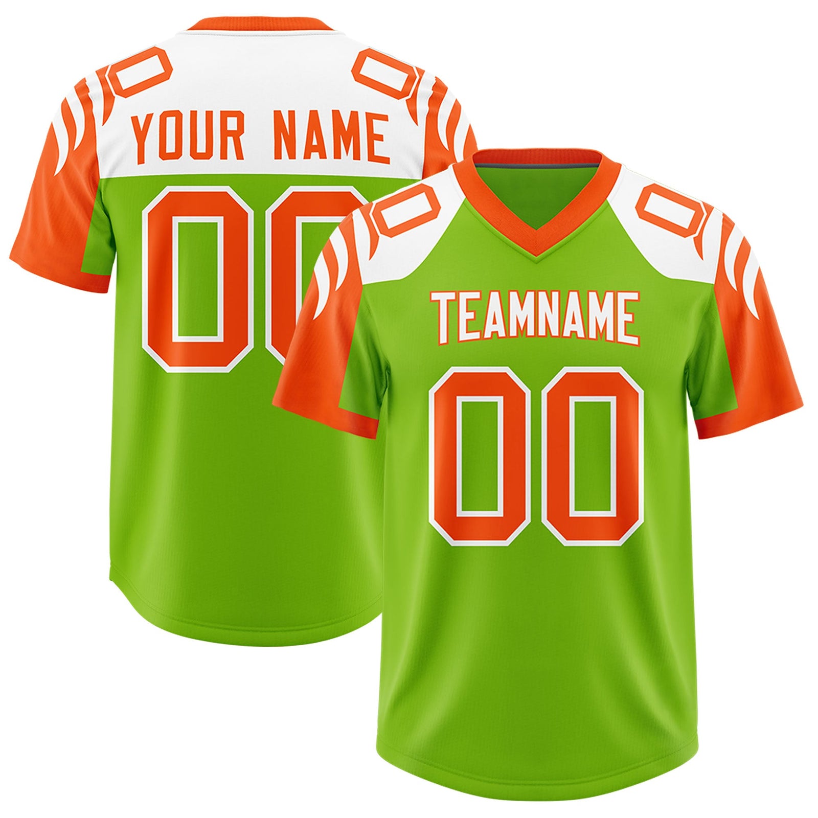 Custom Neon Green Orange Raglan Sleeves Personalized Pattern Authentic Football Jersey