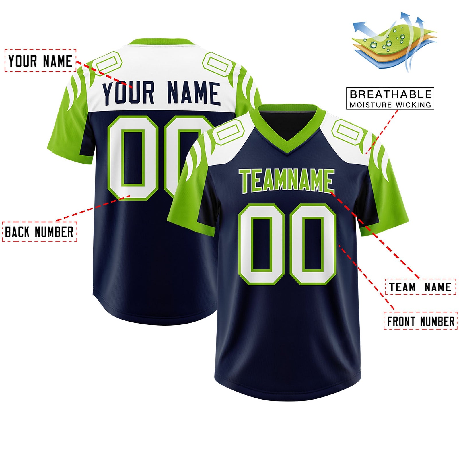 Custom Navy Neon Green Raglan Sleeves Personalized Pattern Authentic Football Jersey