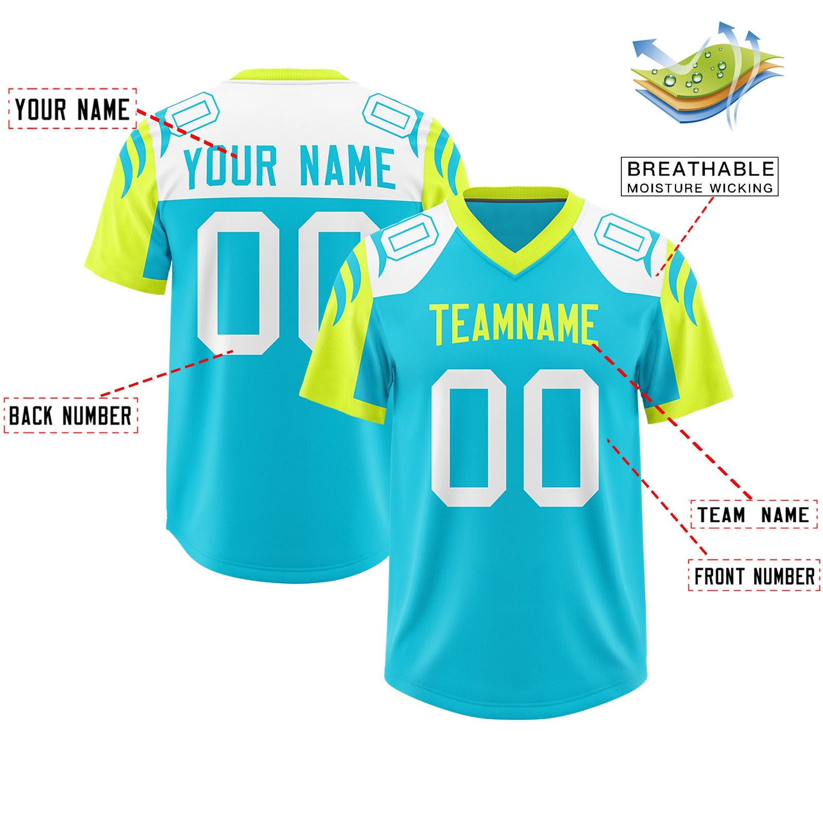 Custom Sky Blue Fluorescent Green Raglan Sleeves Personalized Pattern Authentic Football Jersey