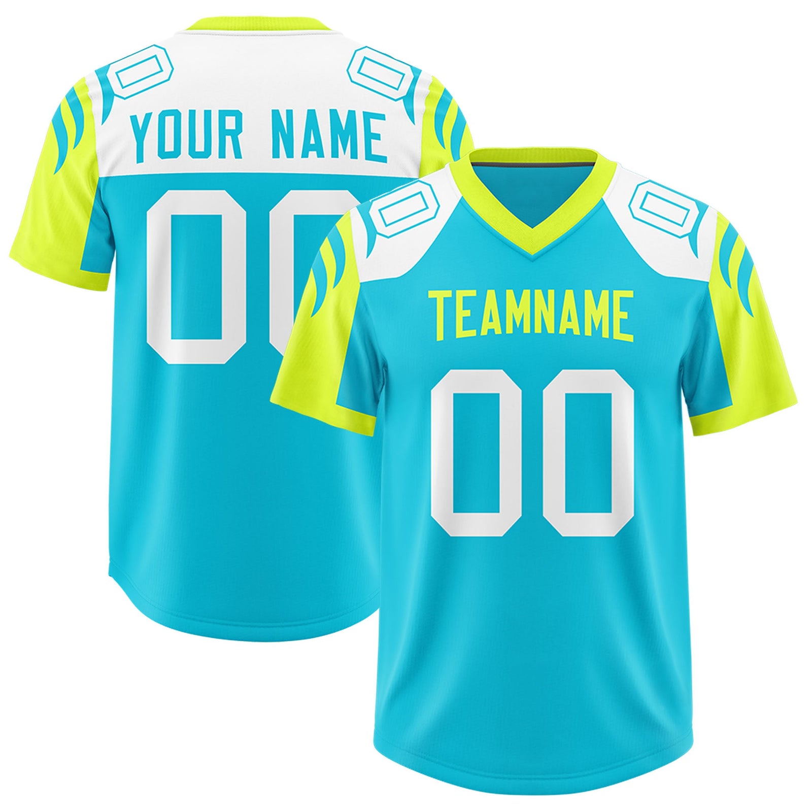 Custom Sky Blue Fluorescent Green Raglan Sleeves Personalized Pattern Authentic Football Jersey