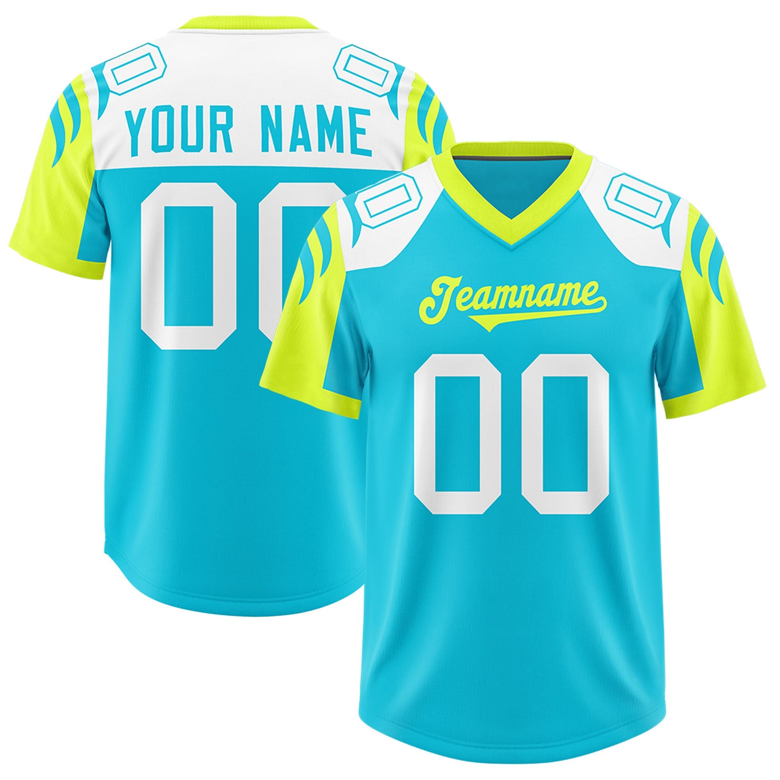 Custom Sky Blue Fluorescent Green Raglan Sleeves Personalized Pattern Authentic Football Jersey