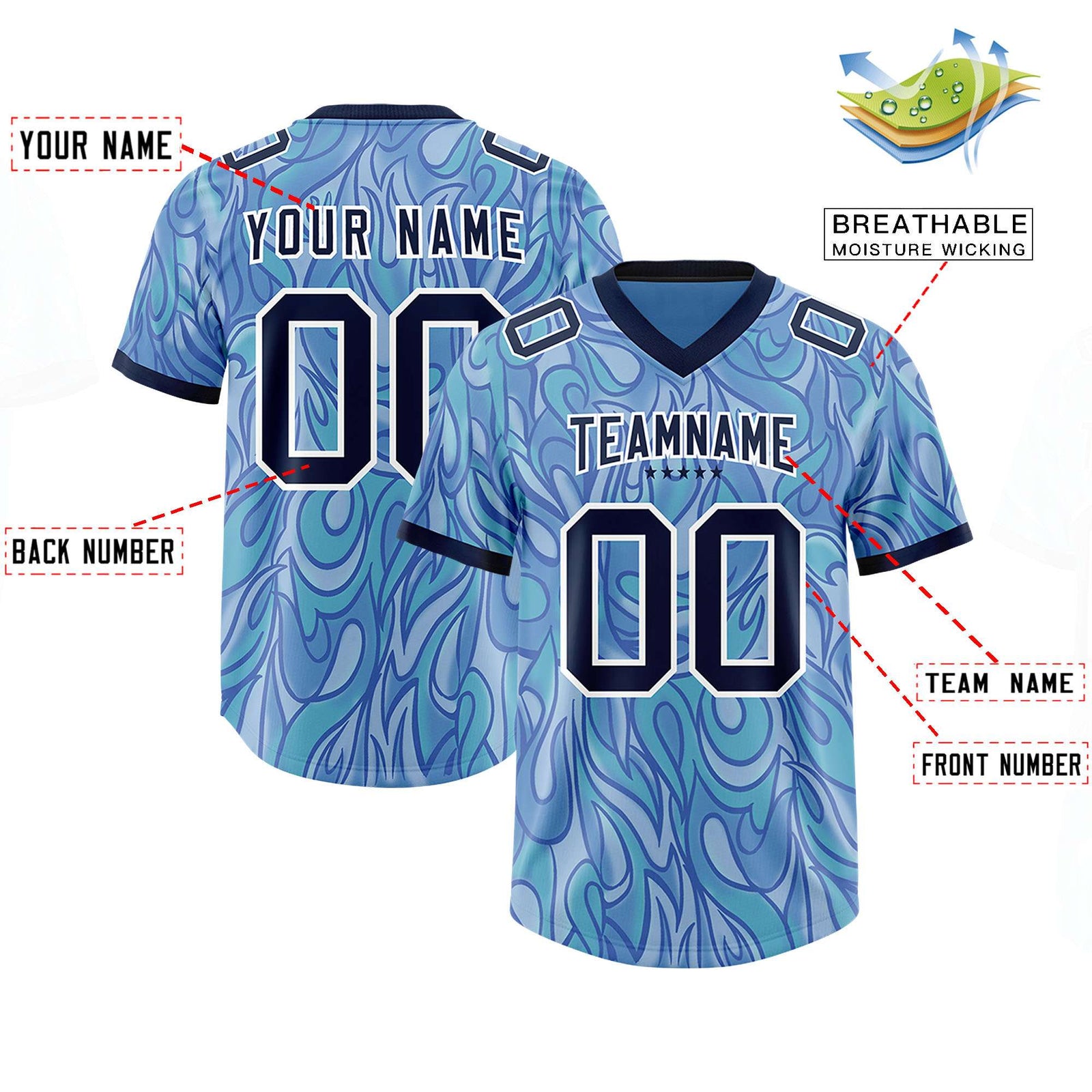 Custom Light Blue Personalized Printed Graffiti Pattern Design Authentic Football Jersey