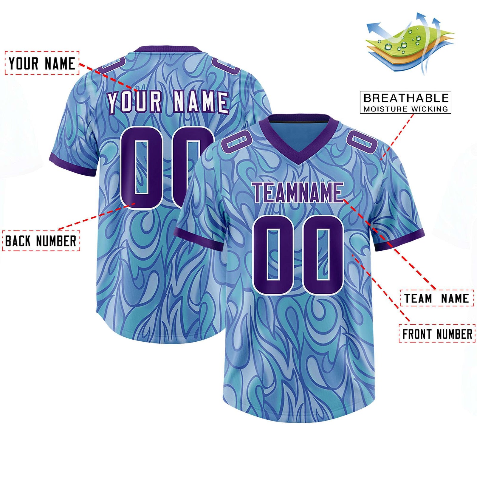 Custom Light Blue Personalized Printed Graffiti Pattern Design Authentic Football Jersey