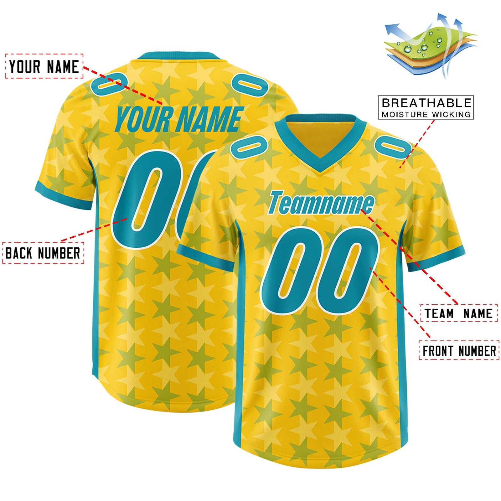 Custom Gold Aqua Personalized All Star Graffiti Pattern Authentic Football Jersey