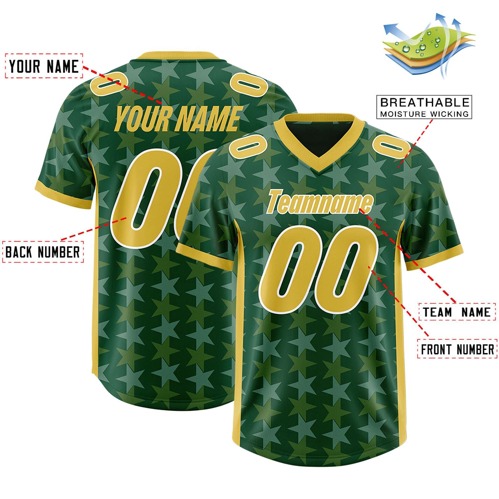Custom Green Old Gold Personalized All Star Graffiti Pattern Authentic Football Jersey
