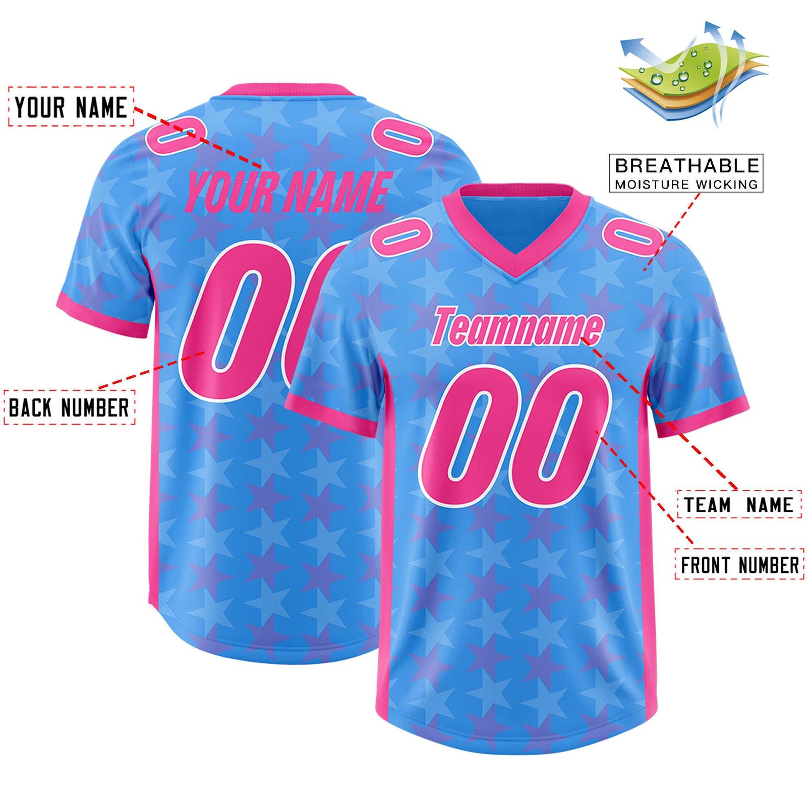 Custom Light Blue Pink Personalized All Star Graffiti Pattern Authentic Football Jersey