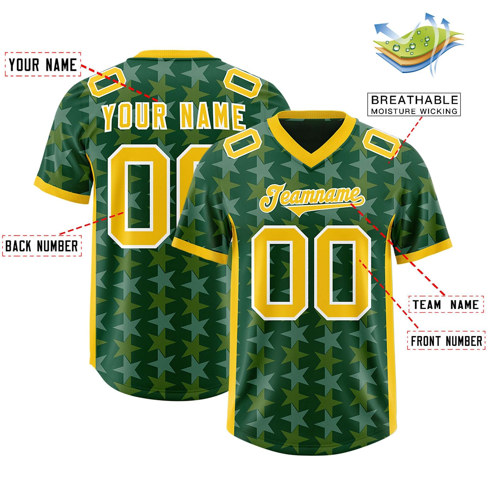Custom Green Gold Personalized All Star Graffiti Pattern Authentic Football Jersey