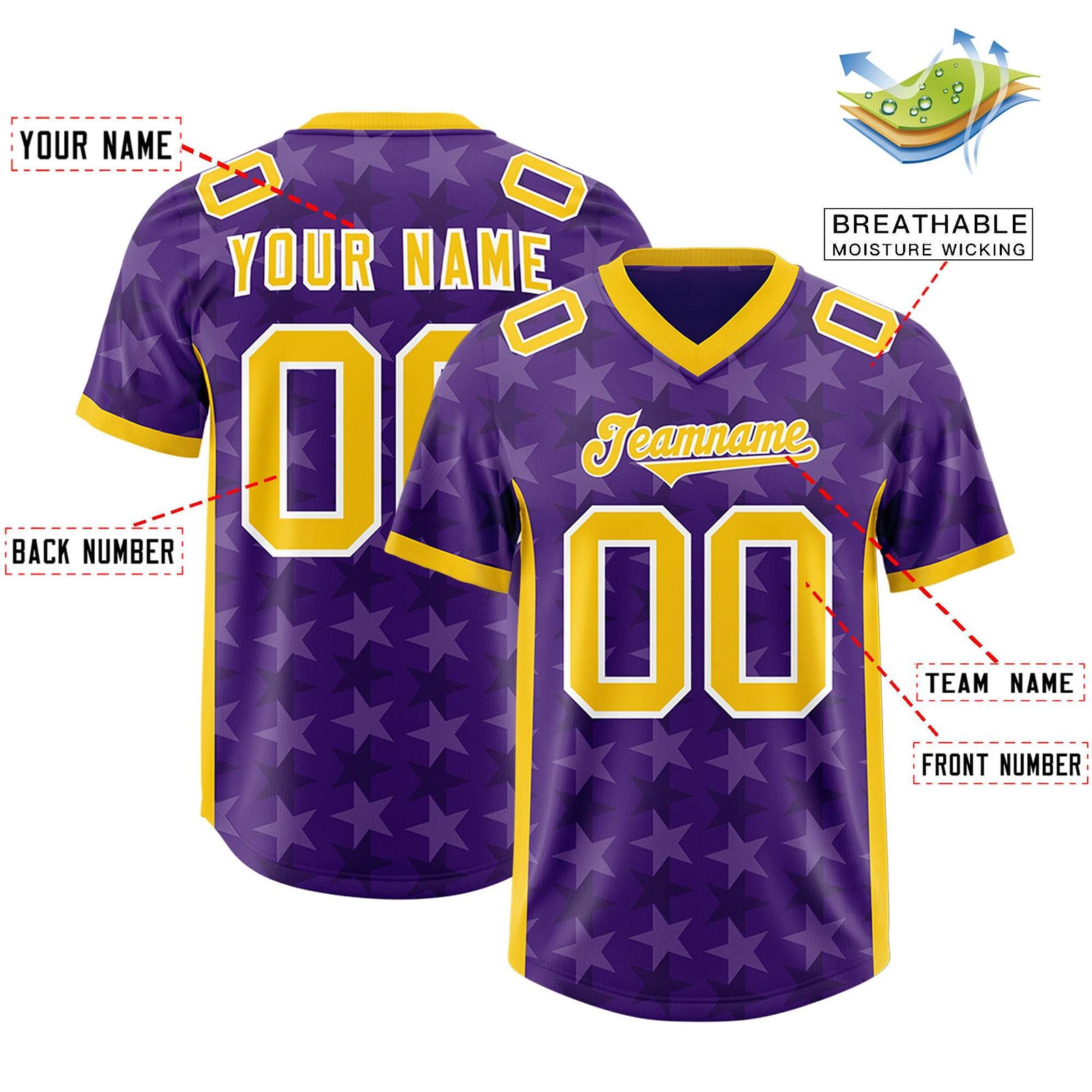 Custom Purple Gold Personalized All Star Graffiti Pattern Authentic Football Jersey