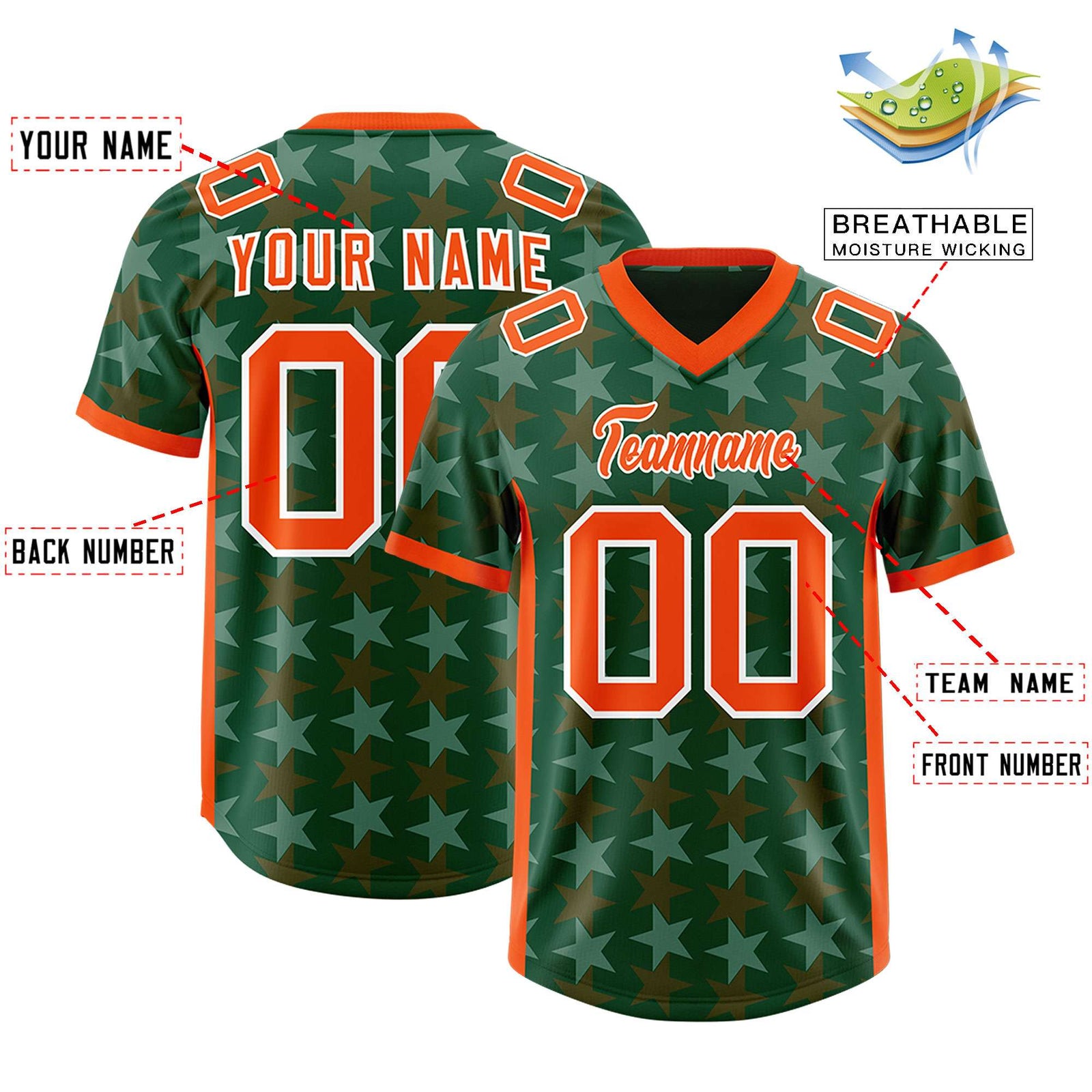Custom Green Orange Personalized All Star Graffiti Pattern Authentic Football Jersey