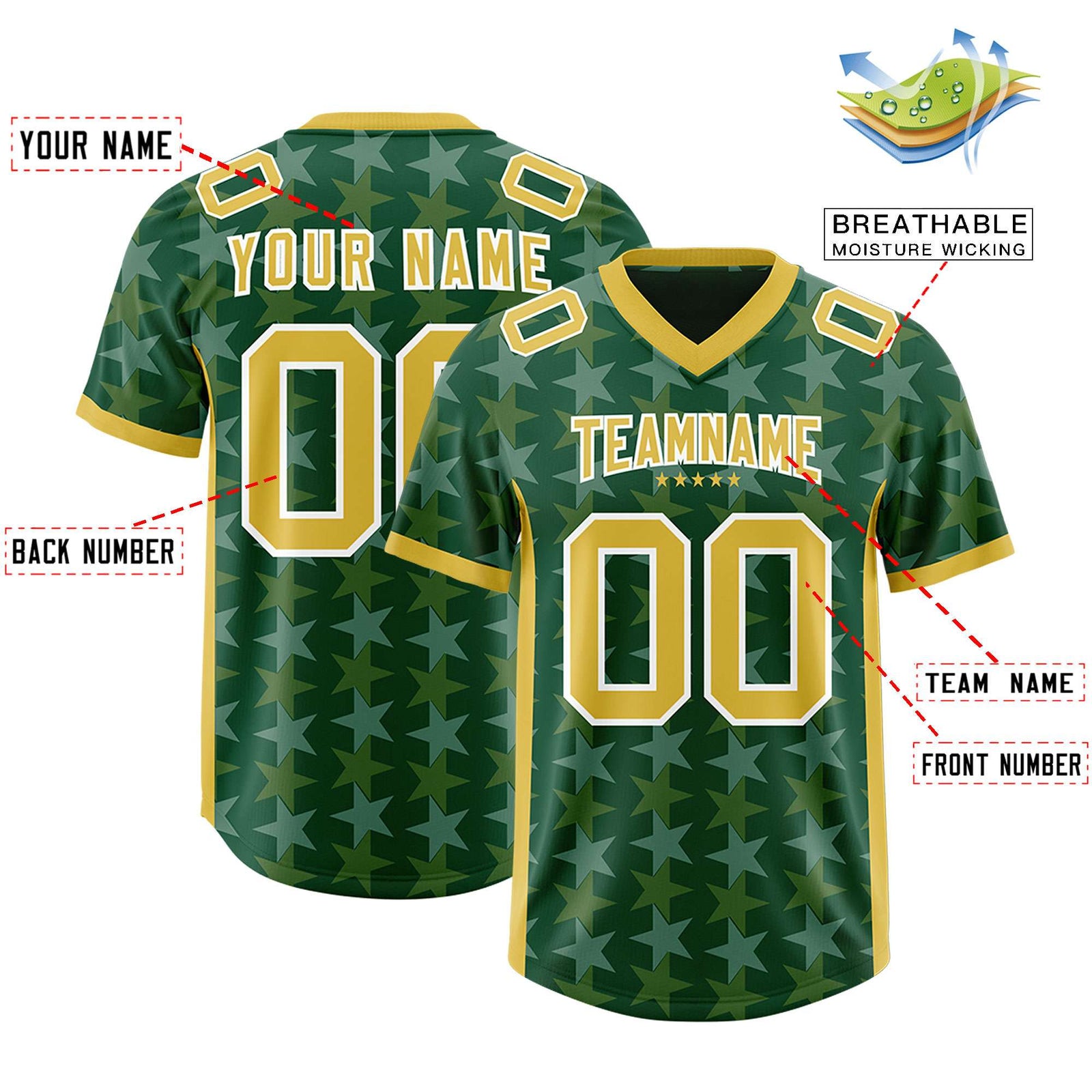 Custom Green Old Gold Personalized All Star Graffiti Pattern Authentic Football Jersey