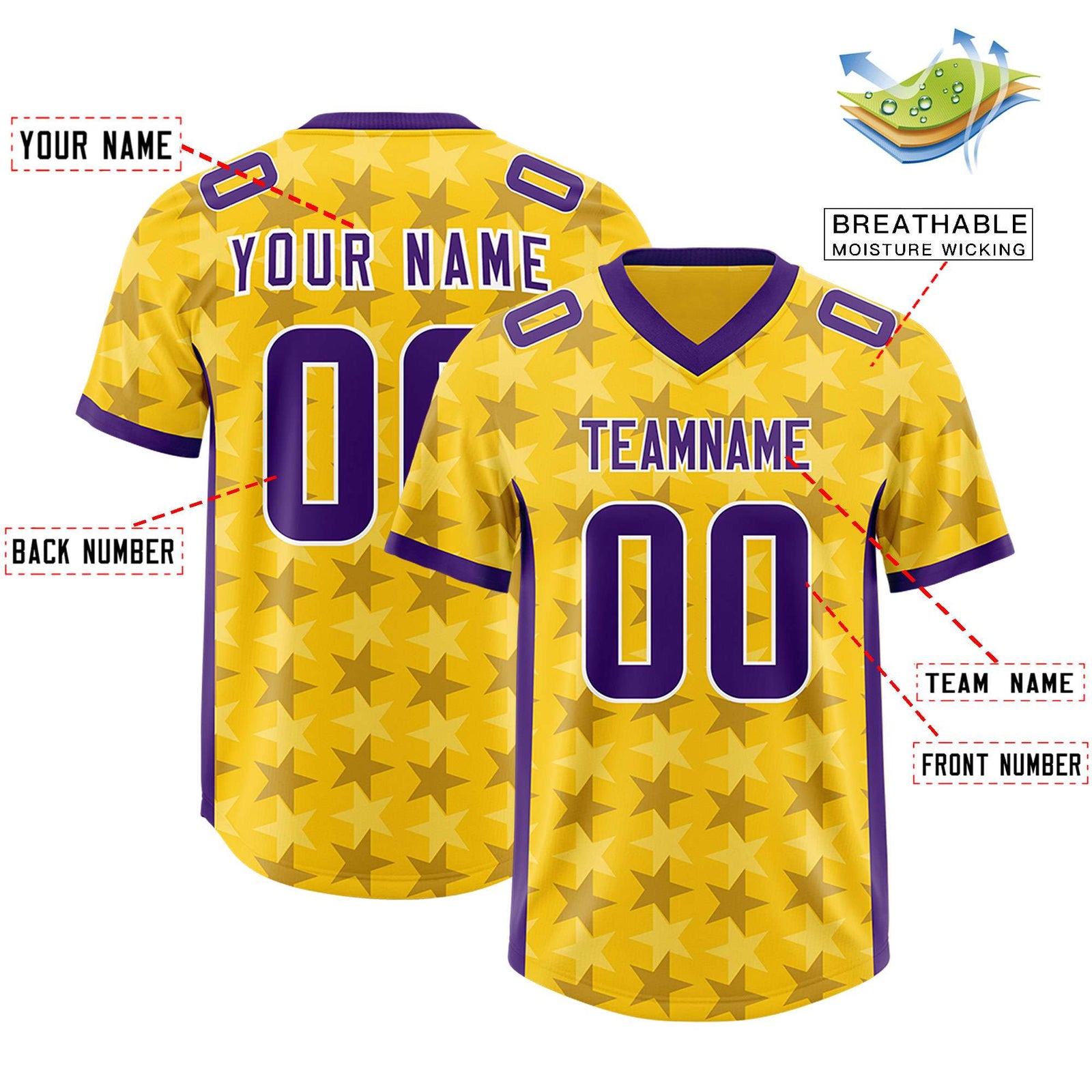Custom Gold Purple Personalized All Star Graffiti Pattern Authentic Football Jersey