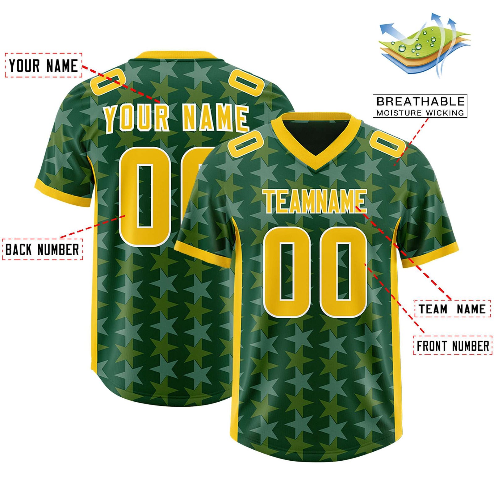 Custom Green Gold Personalized All Star Graffiti Pattern Authentic Football Jersey