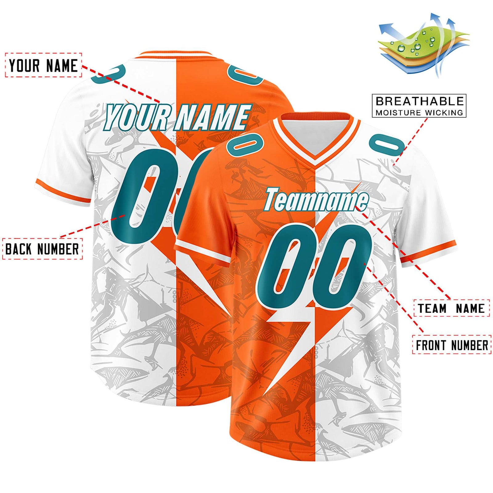 Custom Orange White Split Personalized Lightning Pattern Football Jersey