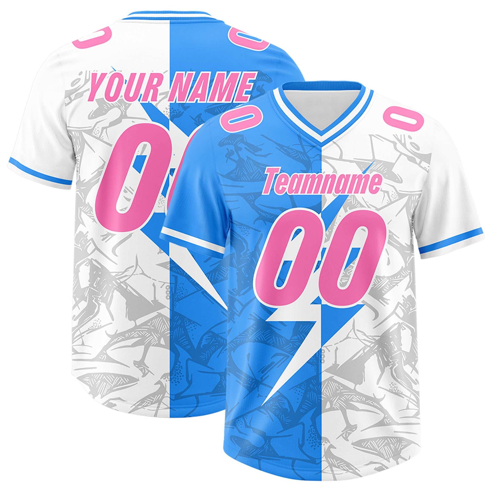 Custom Light Blue White Split Personalized Lightning Pattern Football Jersey