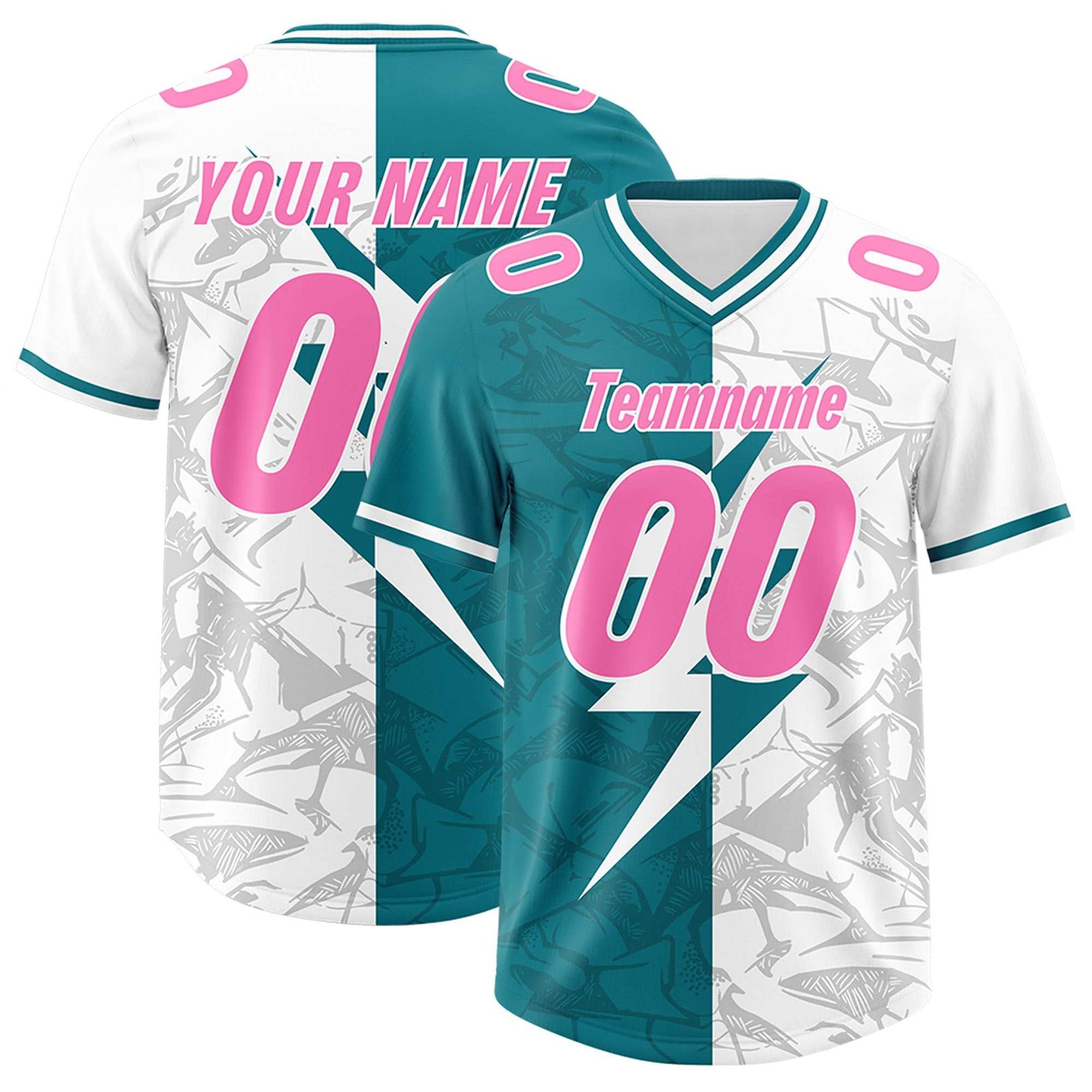 Custom Aqua White Split Personalized Lightning Pattern Football Jersey