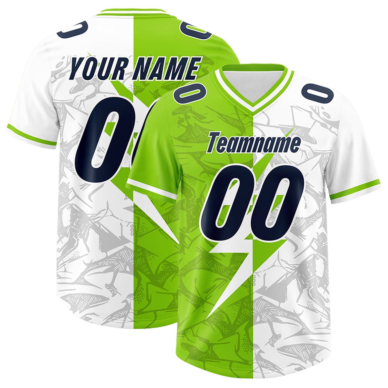 Custom Neon Green White Split Personalized Lightning Pattern Football Jersey