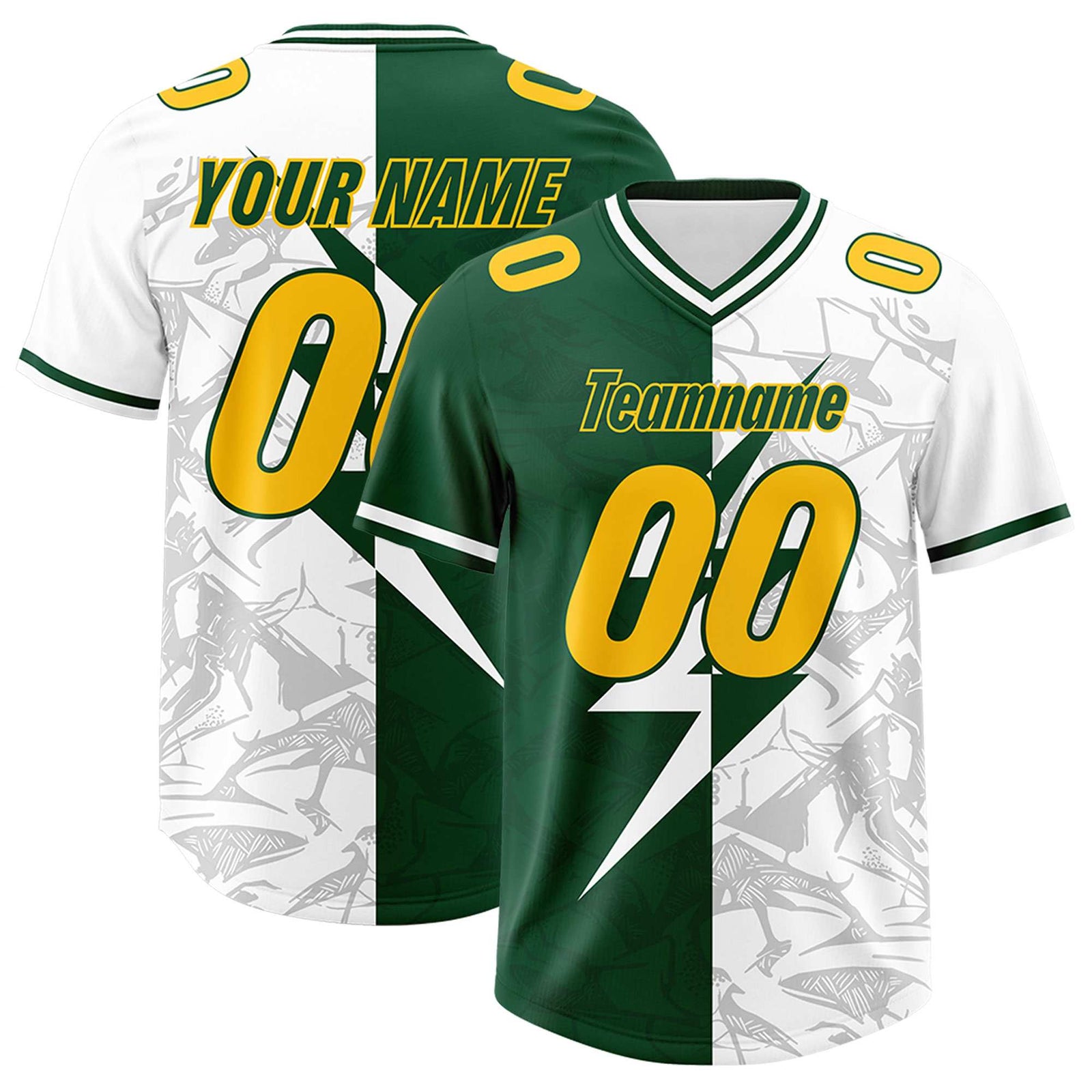 Custom Green White Split Personalized Lightning Pattern Football Jersey