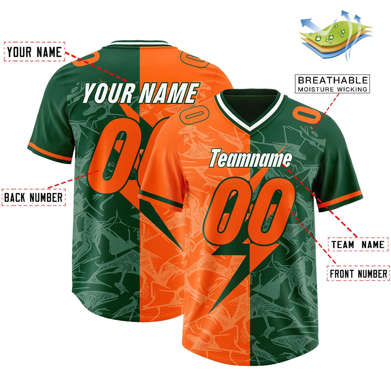 Custom Green Orange Split Personalized Lightning Pattern Football Jersey