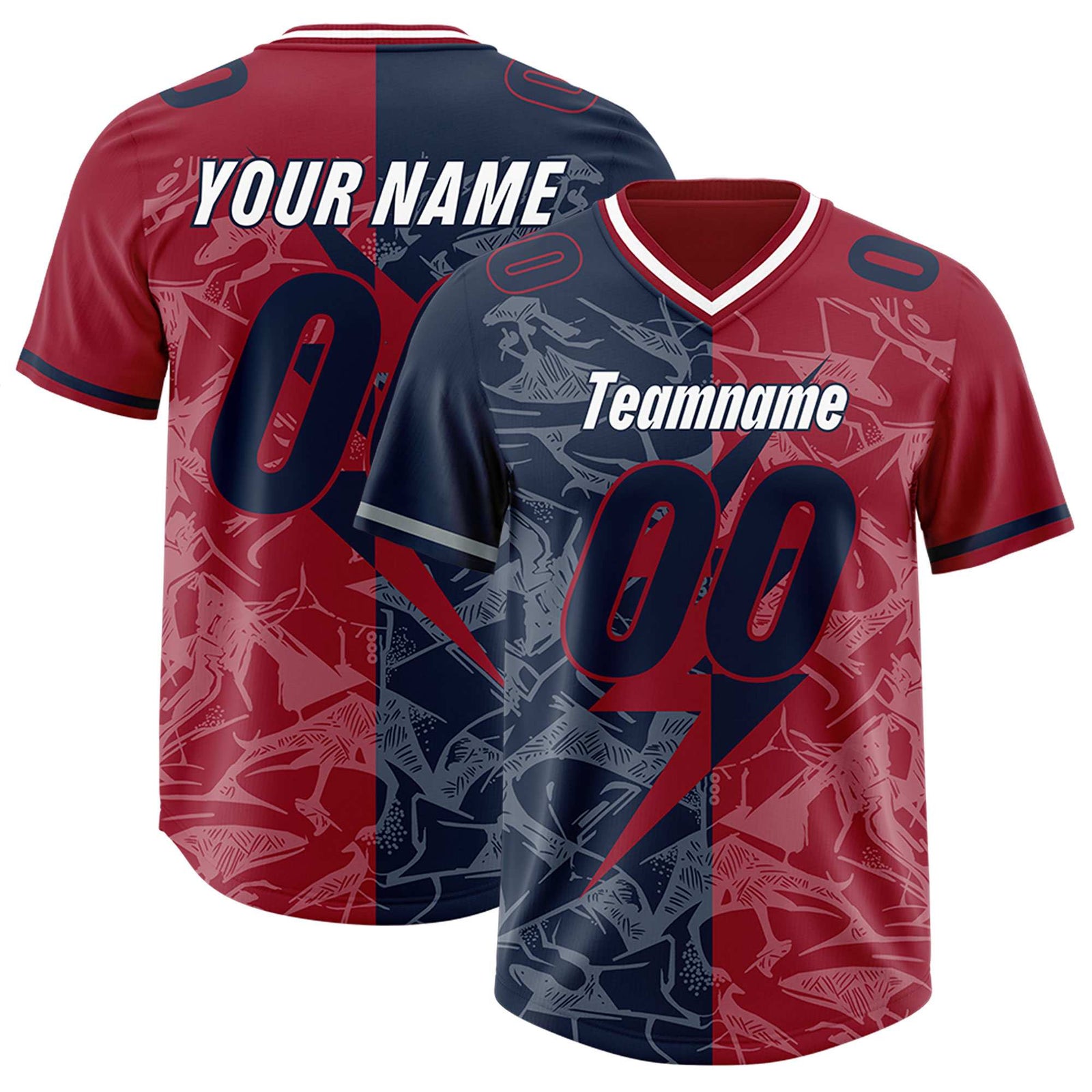 Custom Navy Cardinal Split Personalized Lightning Pattern Football Jersey