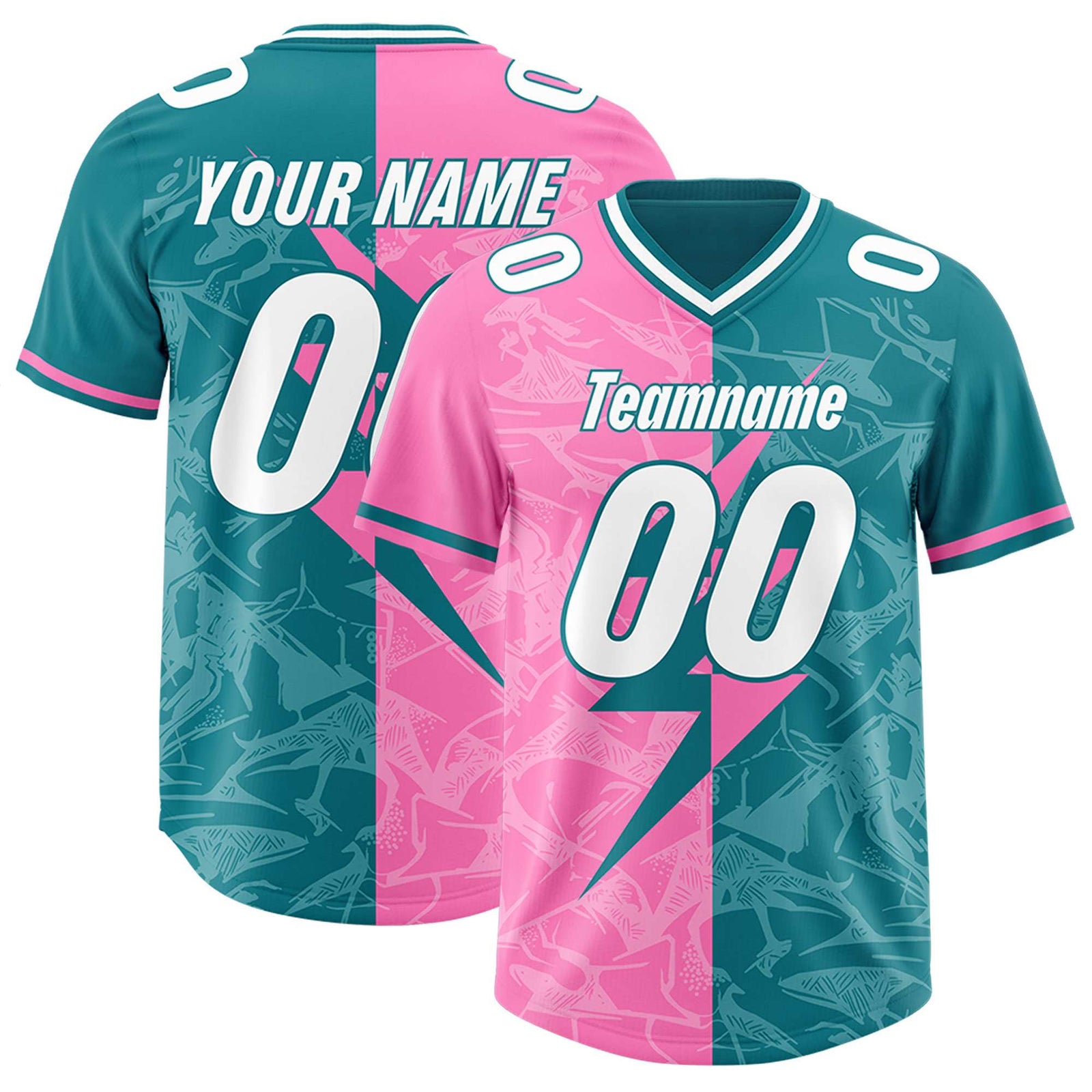 Custom Aqua Pink Split Personalized Lightning Pattern Football Jersey