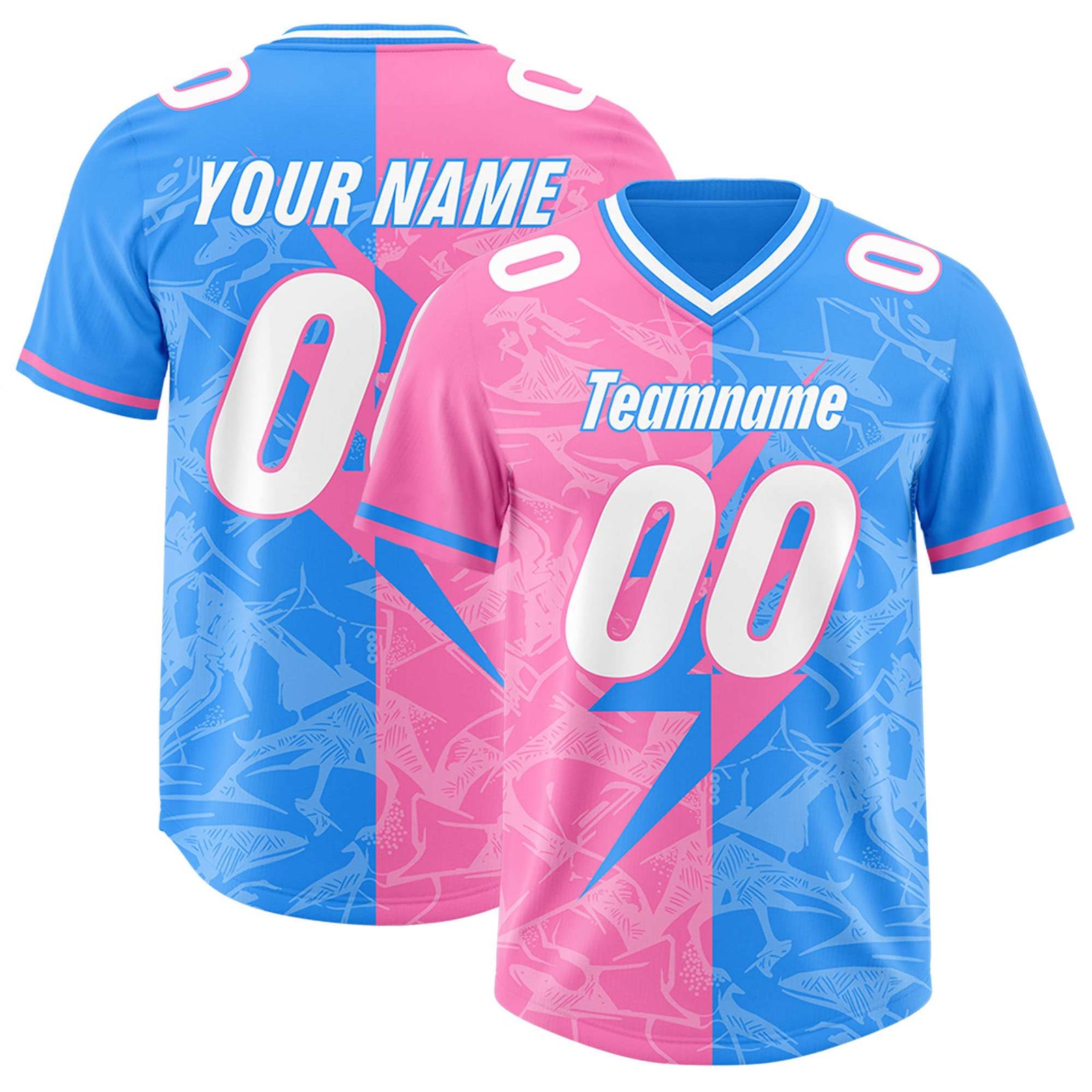 Custom Light Blue Pink Split Personalized Lightning Pattern Football Jersey