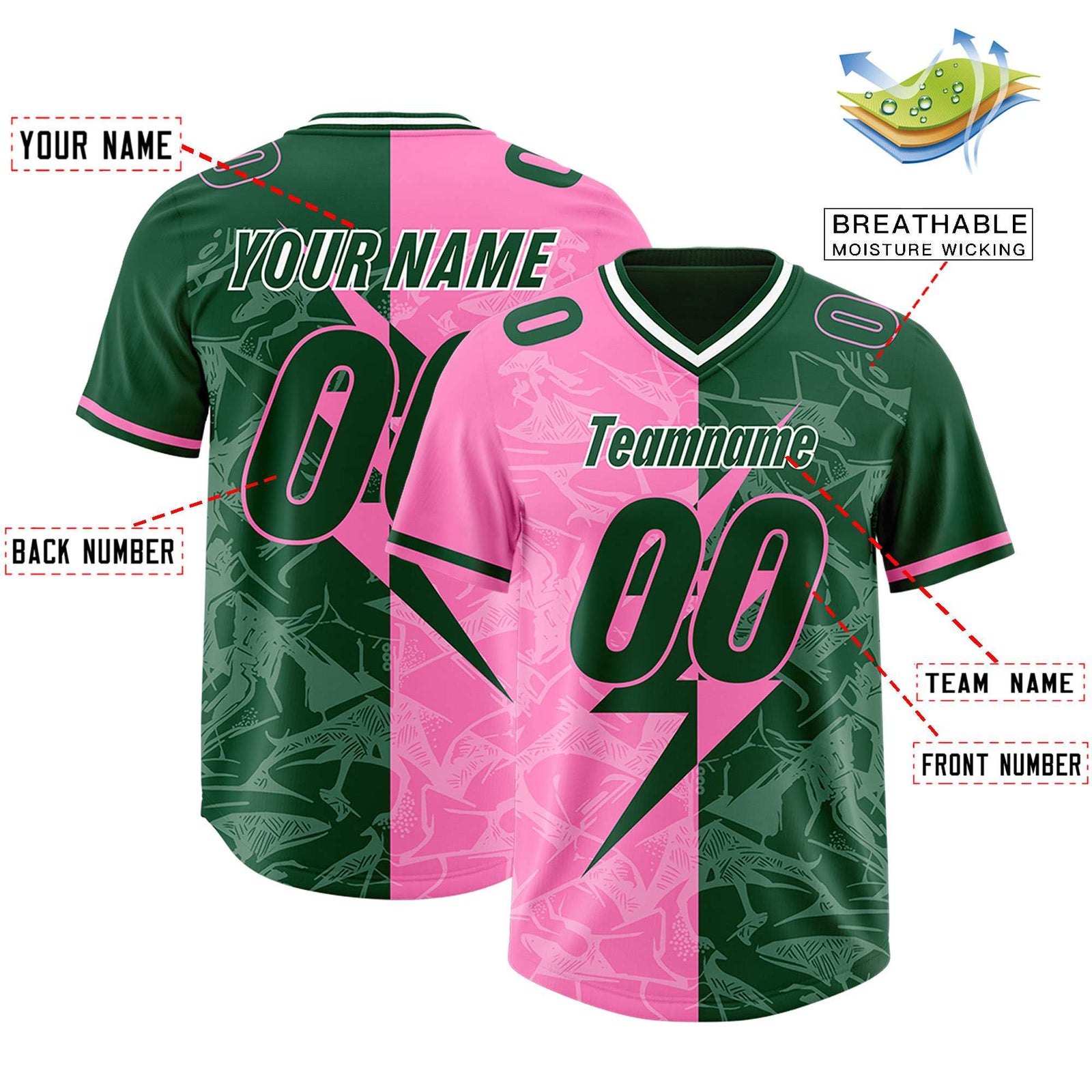 Custom Pink Green Split Personalized Lightning Pattern Football Jersey