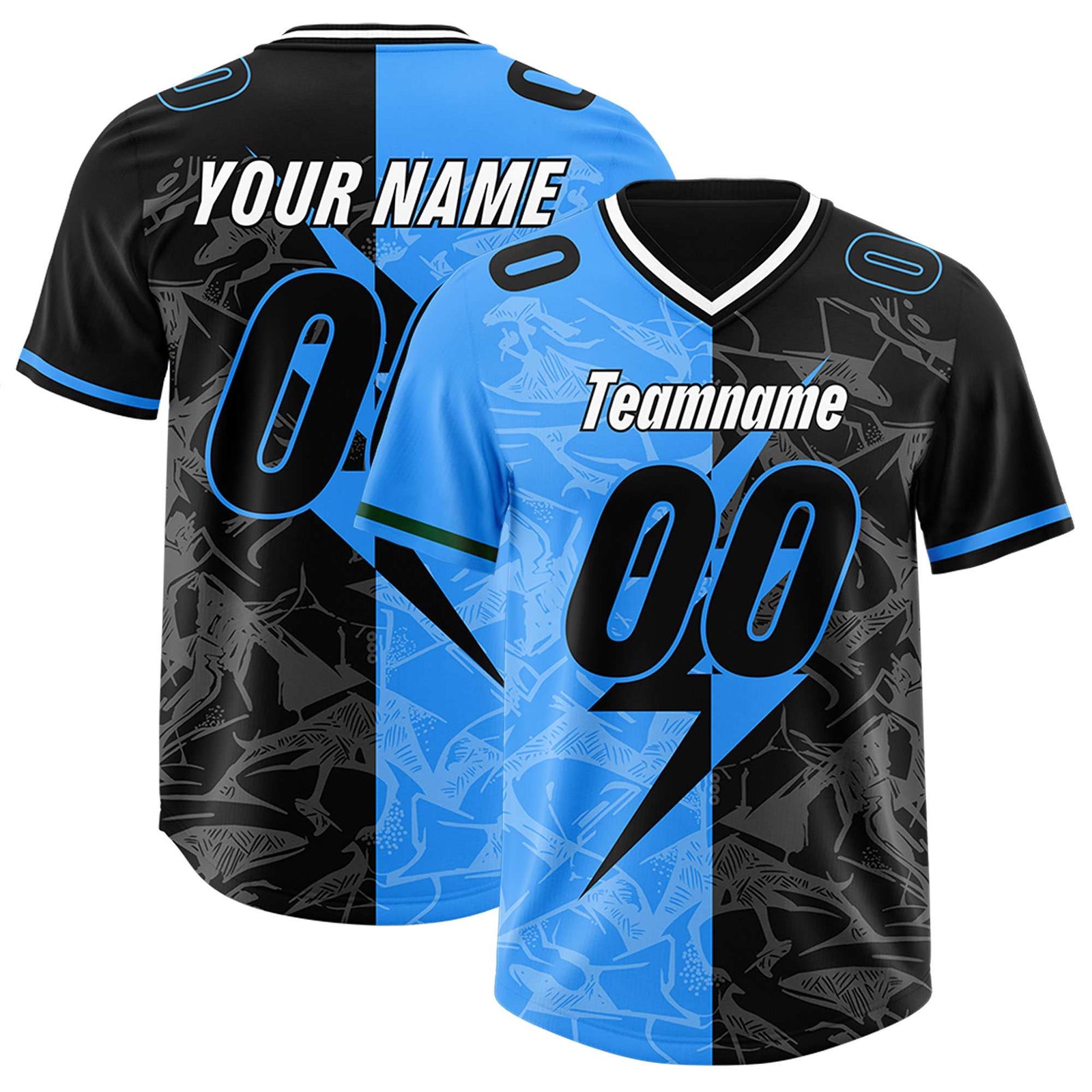 Custom Black Light Blue Split Personalized Lightning Pattern Football Jersey