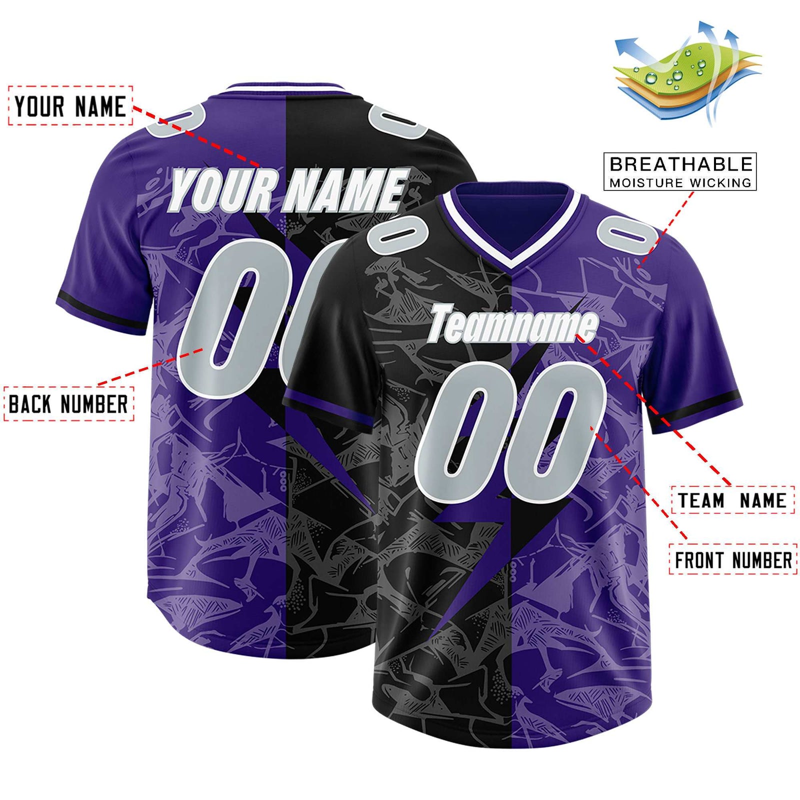 Custom Purple Black Split Personalized Lightning Pattern Football Jersey