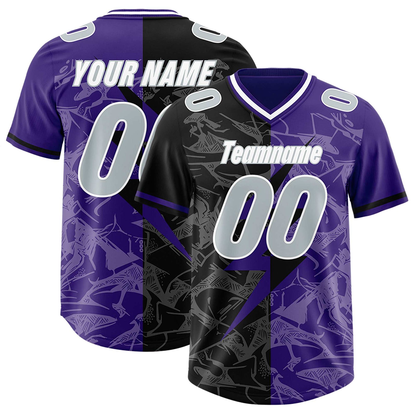 Custom Purple Black Split Personalized Lightning Pattern Football Jersey