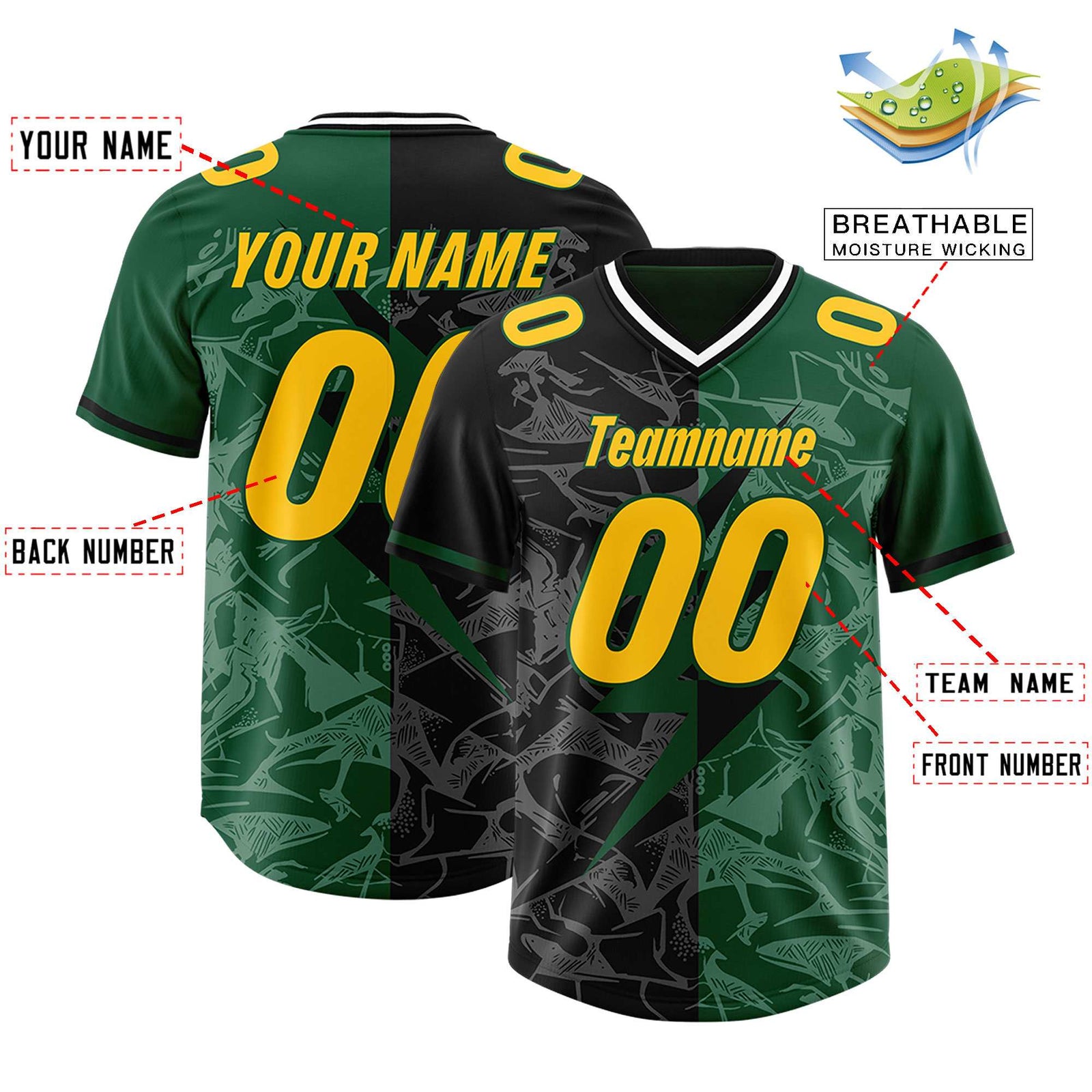 Custom Black Green Split Personalized Lightning Pattern Football Jersey