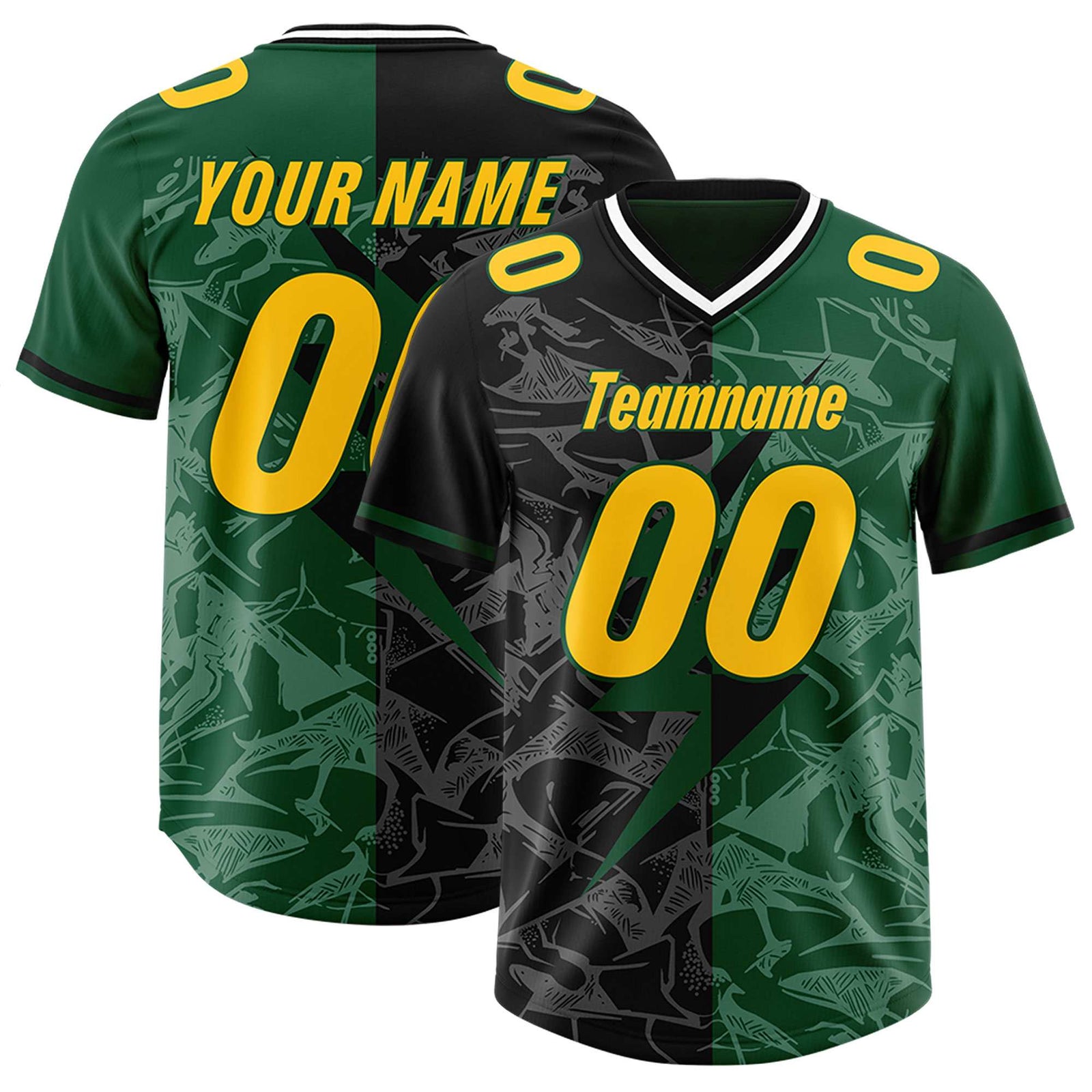 Custom Black Green Split Personalized Lightning Pattern Football Jersey