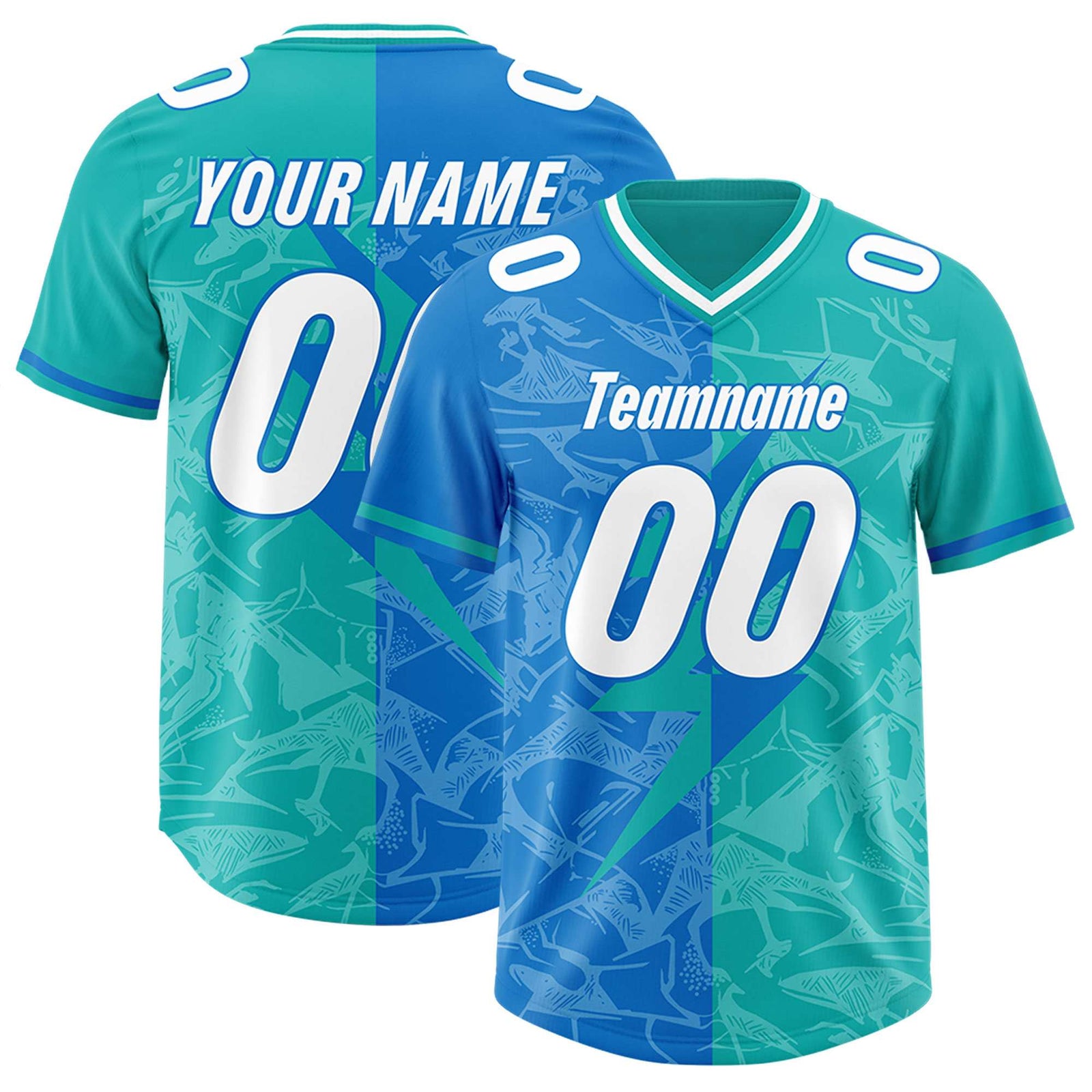 Custom Panther Blue Aqua Split Personalized Lightning Pattern Football Jersey