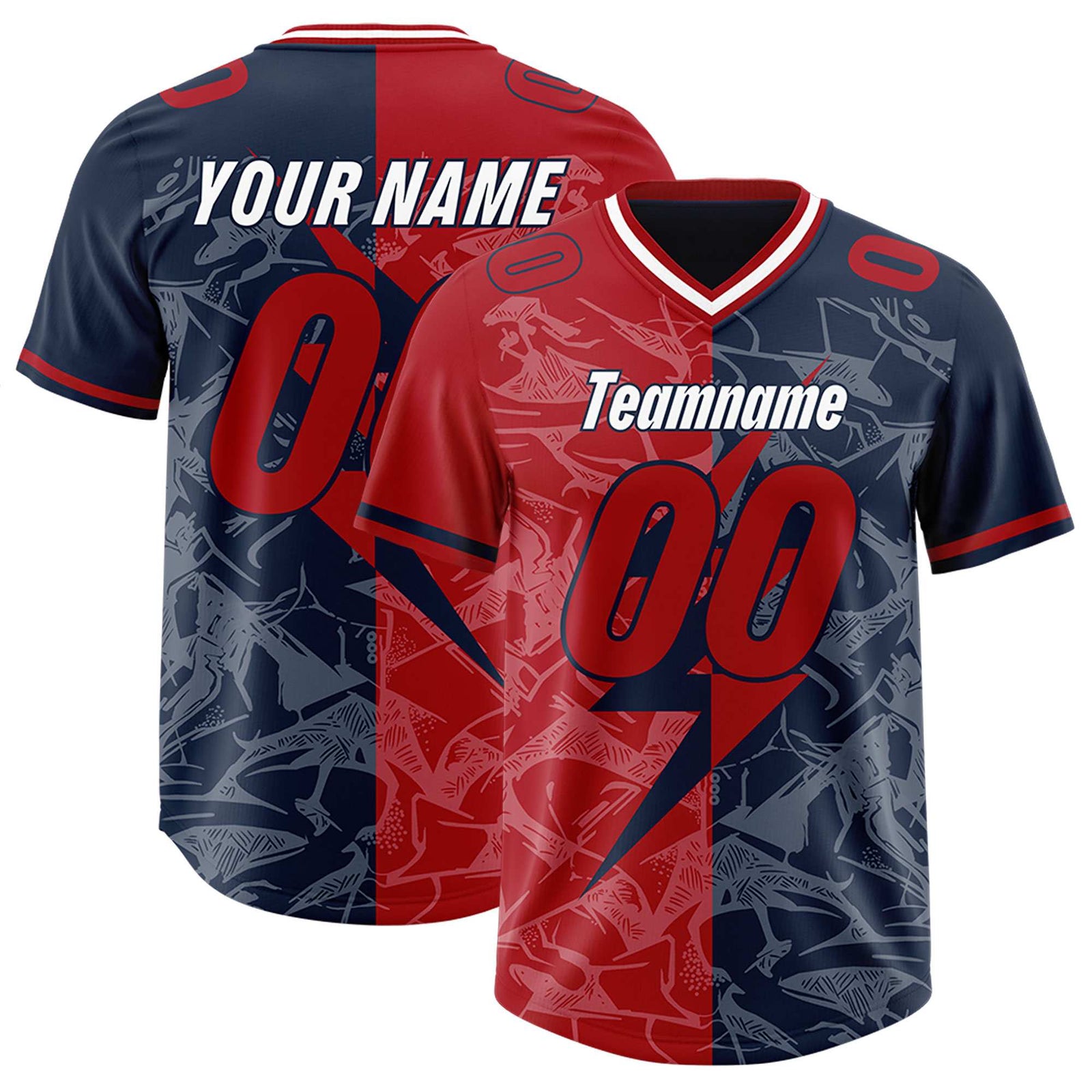 Custom Navy Red Split Personalized Lightning Pattern Football Jersey