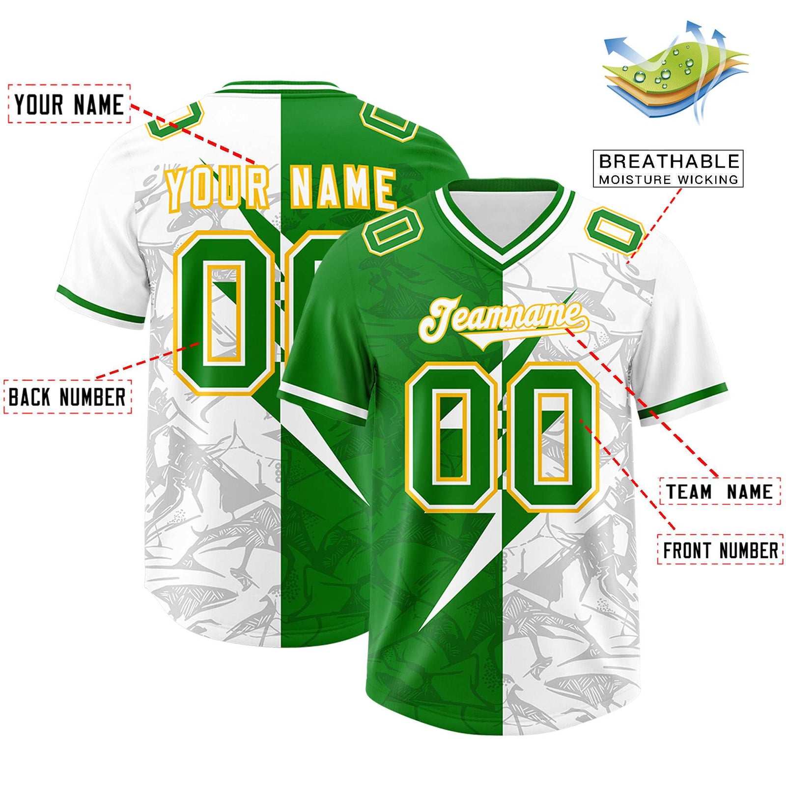 Custom Kelly Green White Split Personalized Lightning Pattern Football Jersey