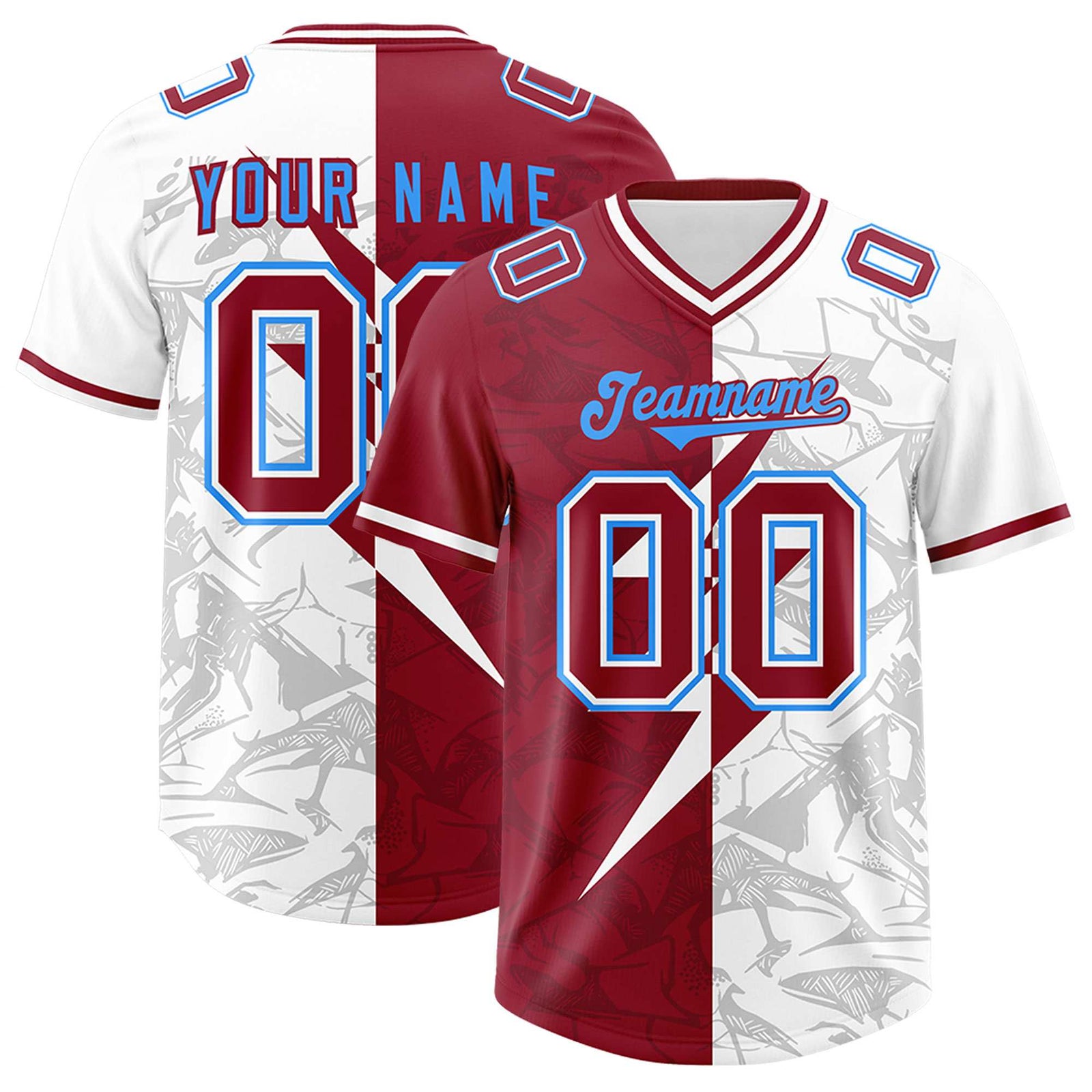 Custom Cardinal White Split Personalized Lightning Pattern Football Jersey