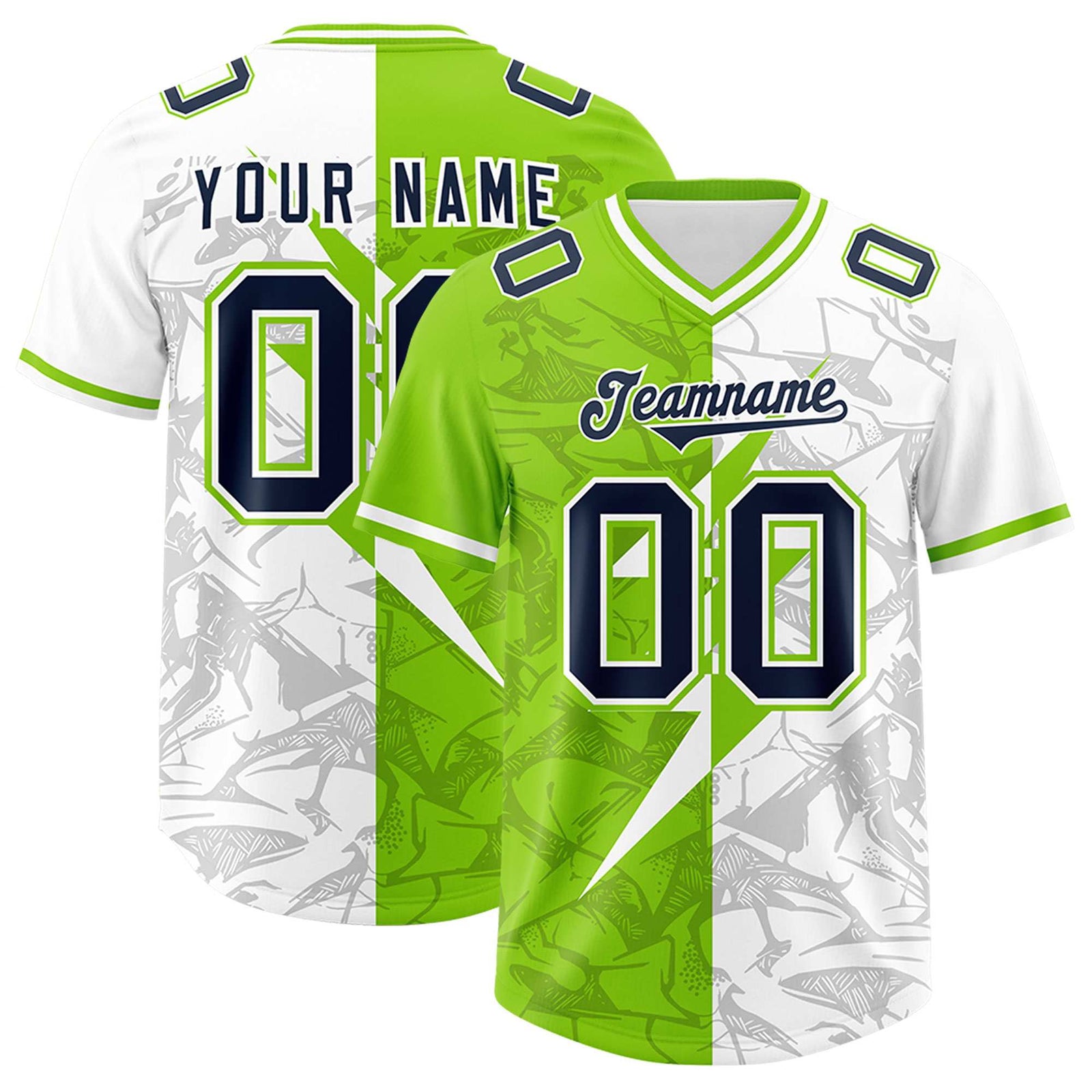 Custom Neon Green White Split Personalized Lightning Pattern Football Jersey