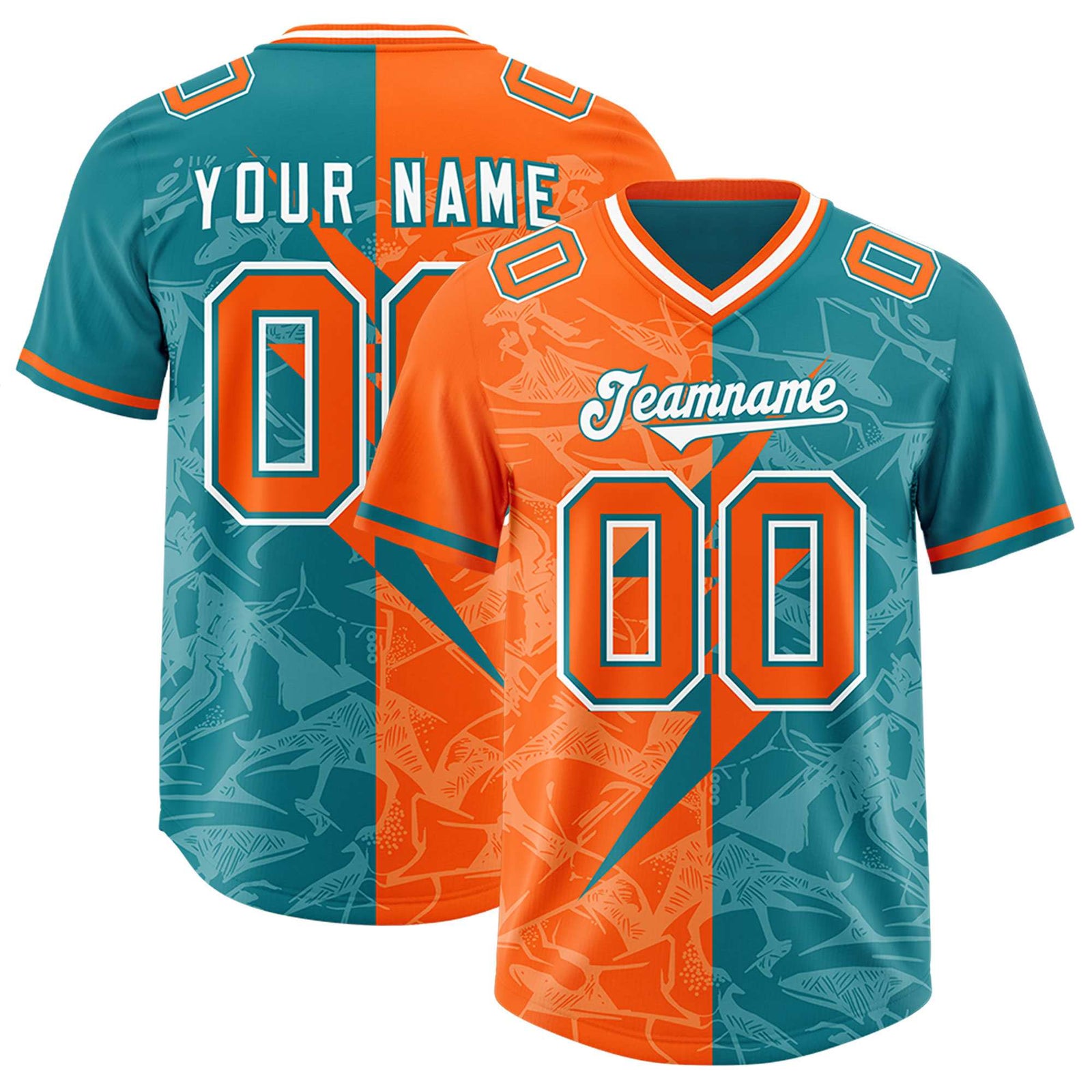 Custom Aqua Orange Split Personalized Lightning Pattern Football Jersey