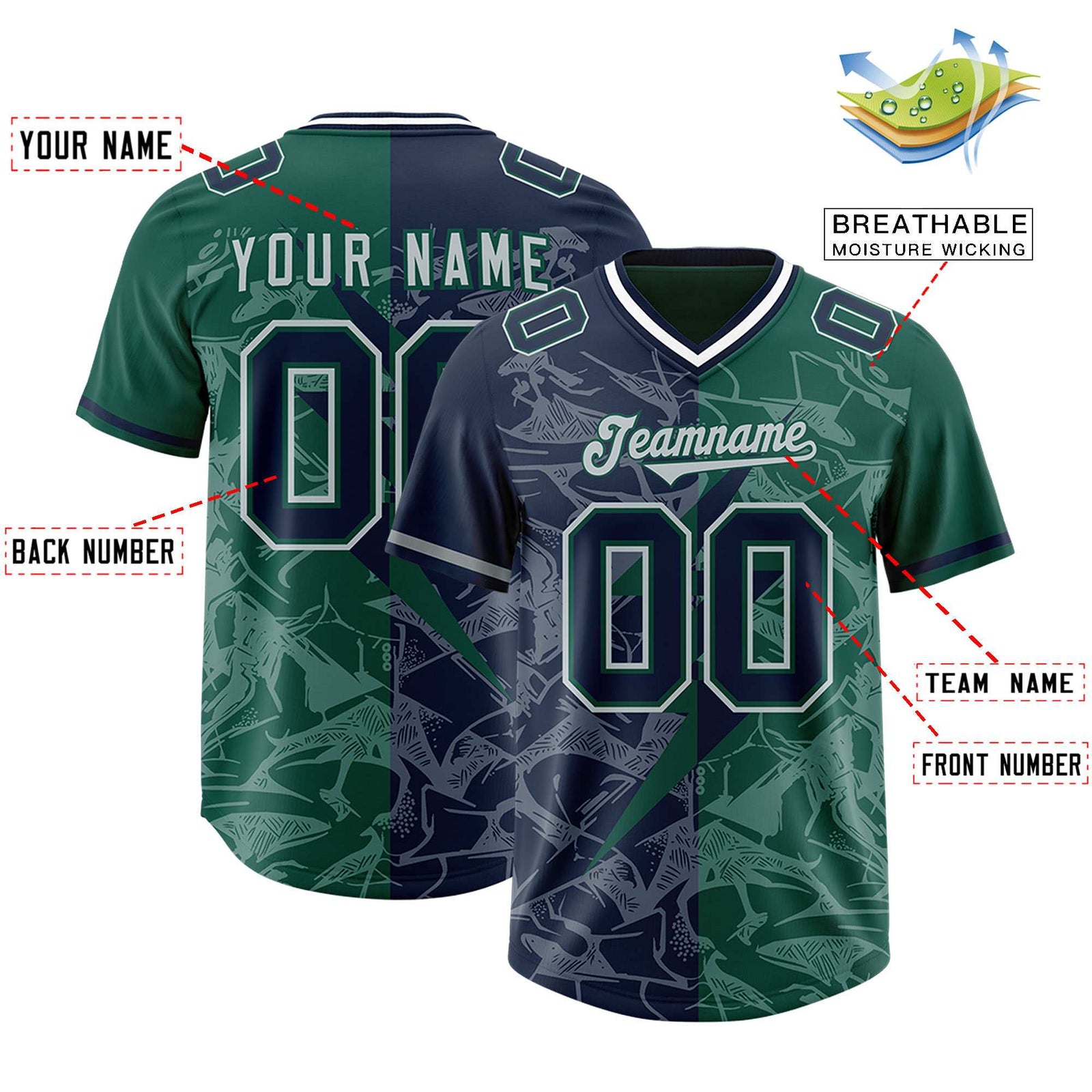 Custom Green Navy Split Personalized Lightning Pattern Football Jersey