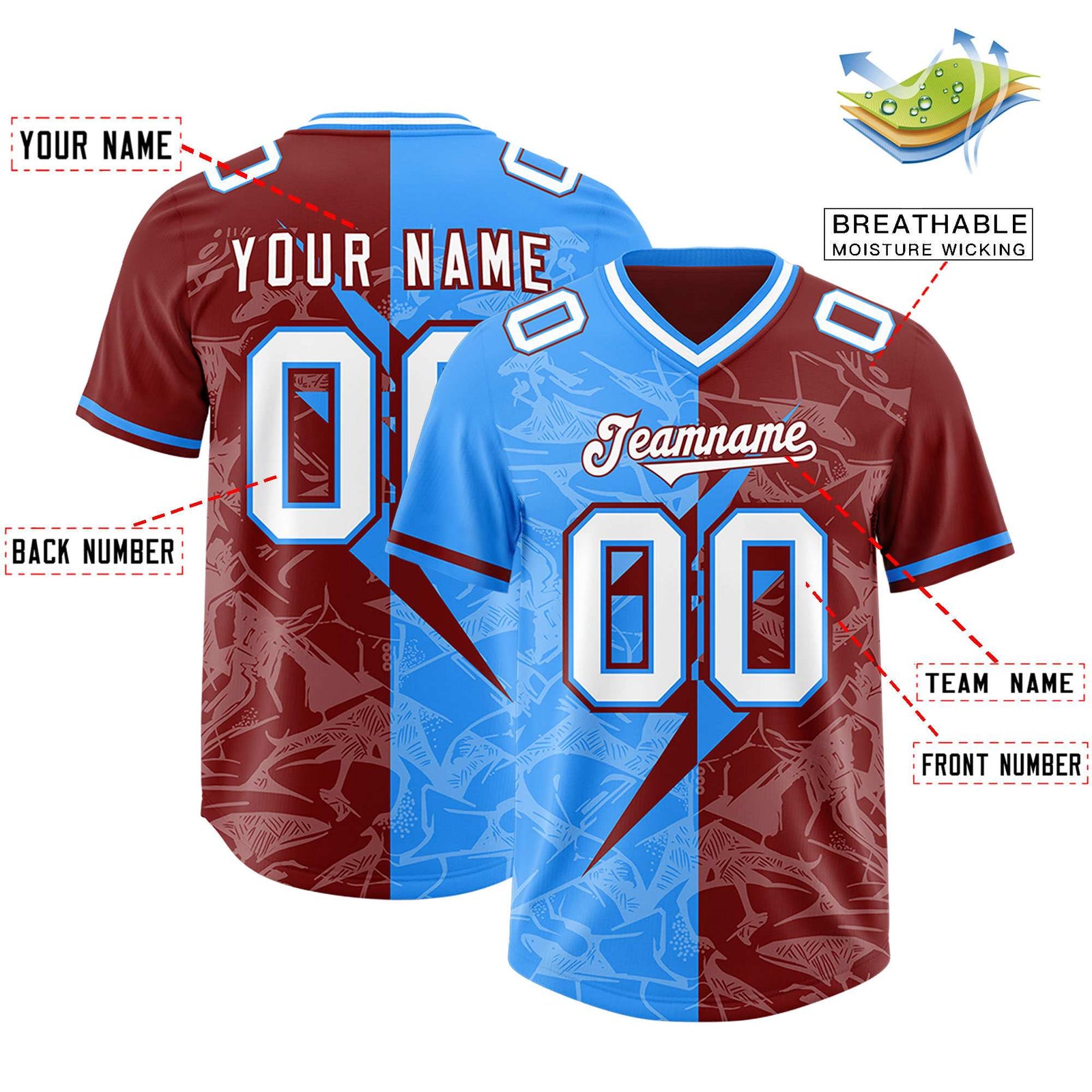 Custom Crimson Light Blue Split Personalized Lightning Pattern Football Jersey
