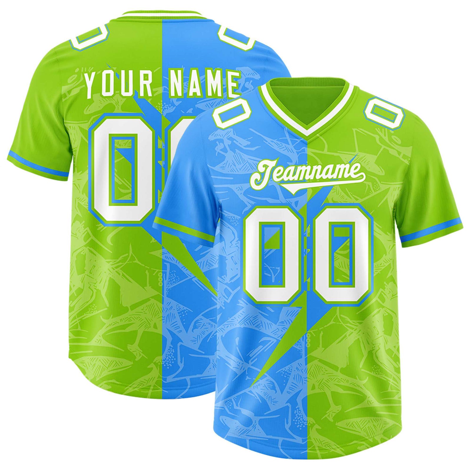 Custom Neon Green Light Blue Split Personalized Lightning Pattern Football Jersey