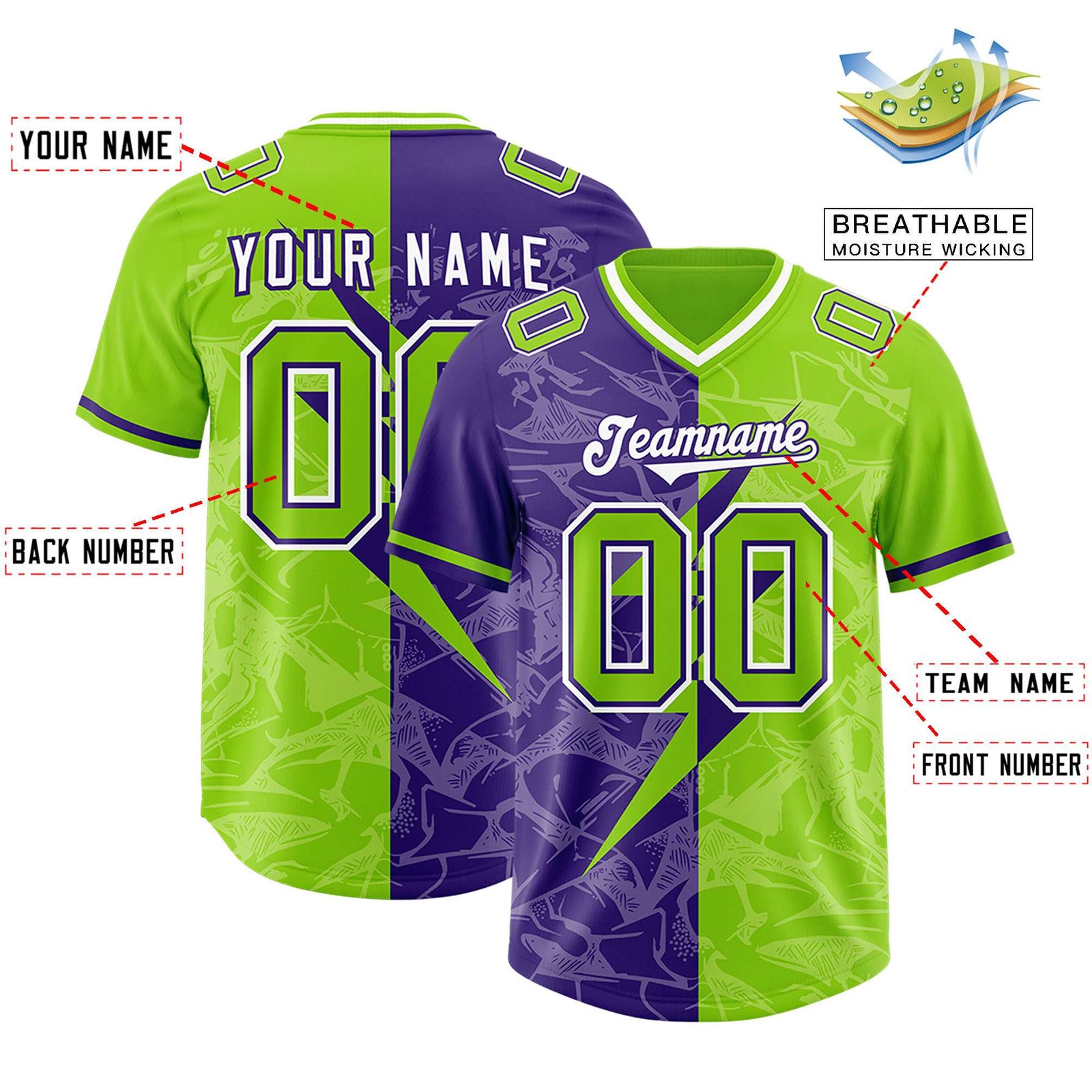 Custom Neon Green Purple Split Personalized Lightning Pattern Football Jersey