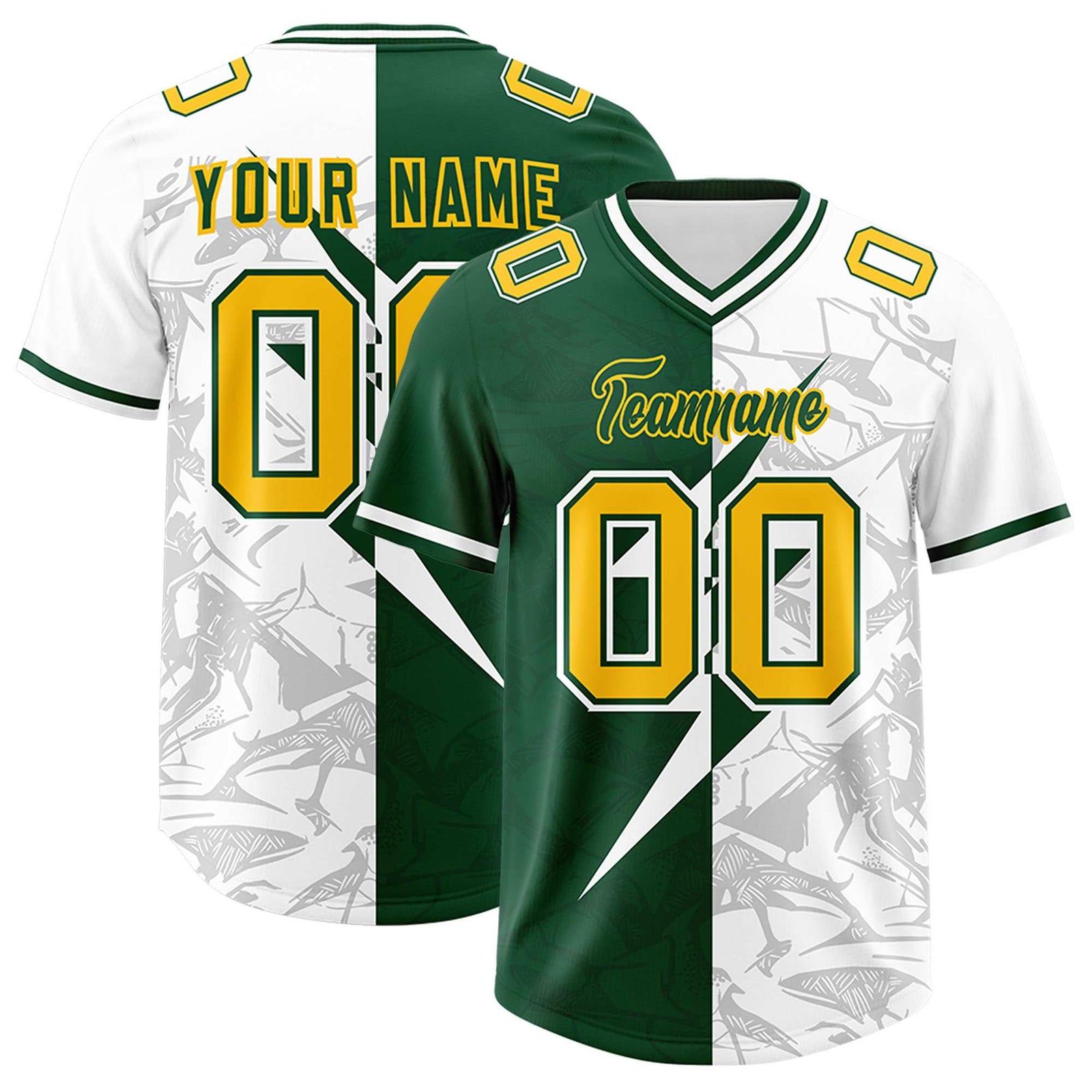 Custom Green White Split Personalized Lightning Pattern Football Jersey