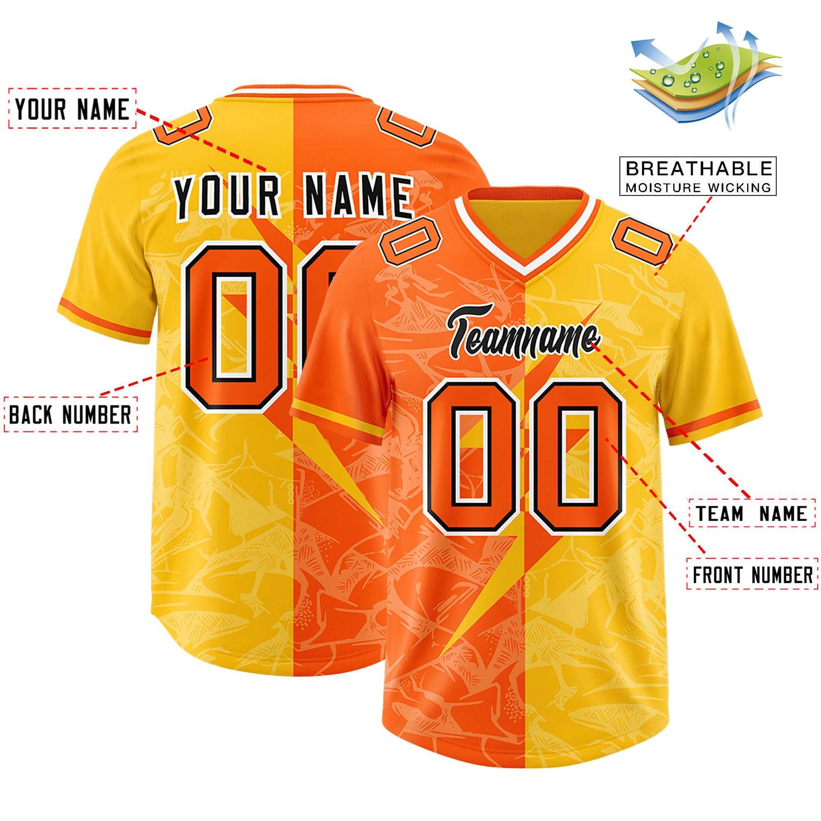 Custom Orange Yellow Split Personalized Lightning Pattern Football Jersey