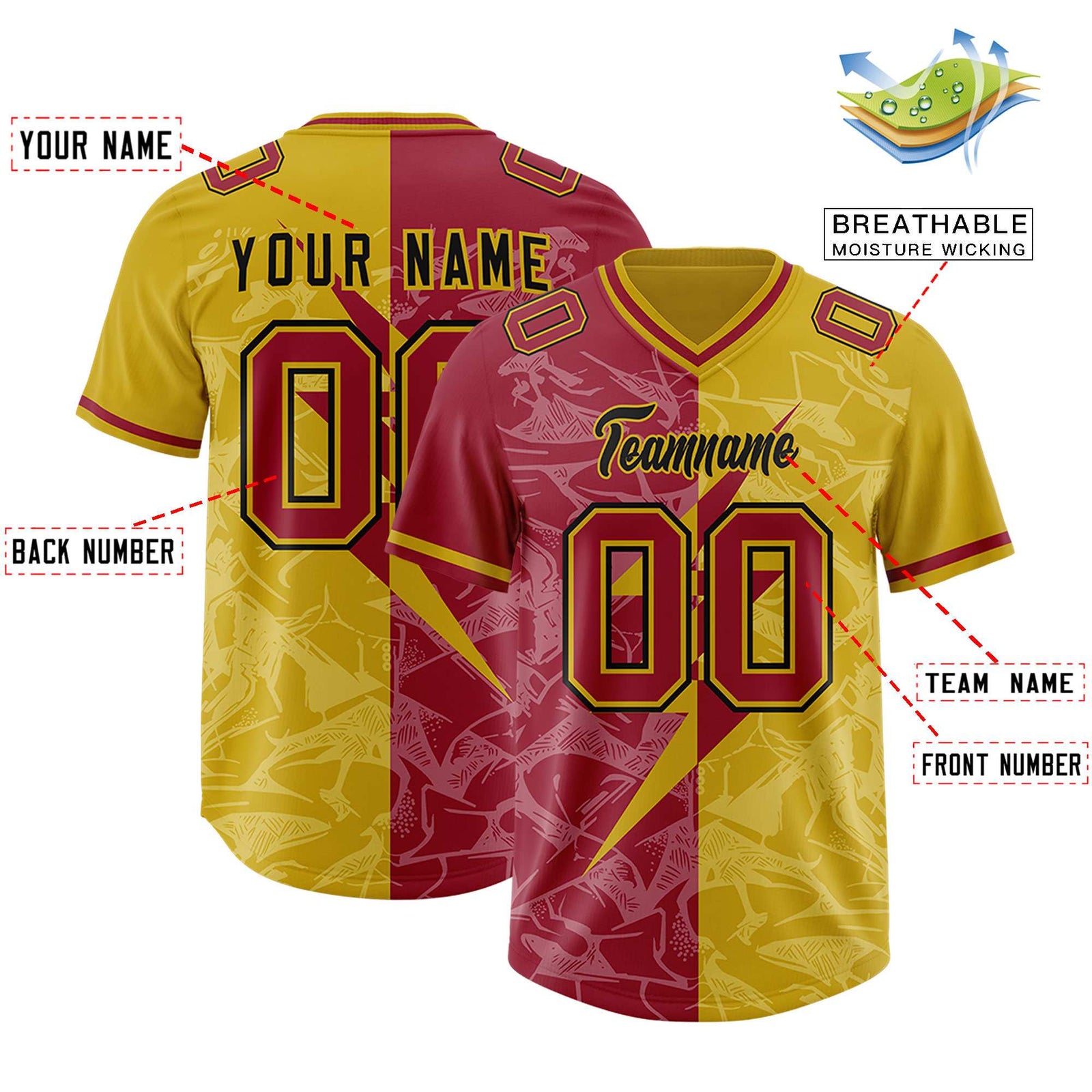 Custom Old Gold Cardinal Split Personalized Lightning Pattern Football Jersey