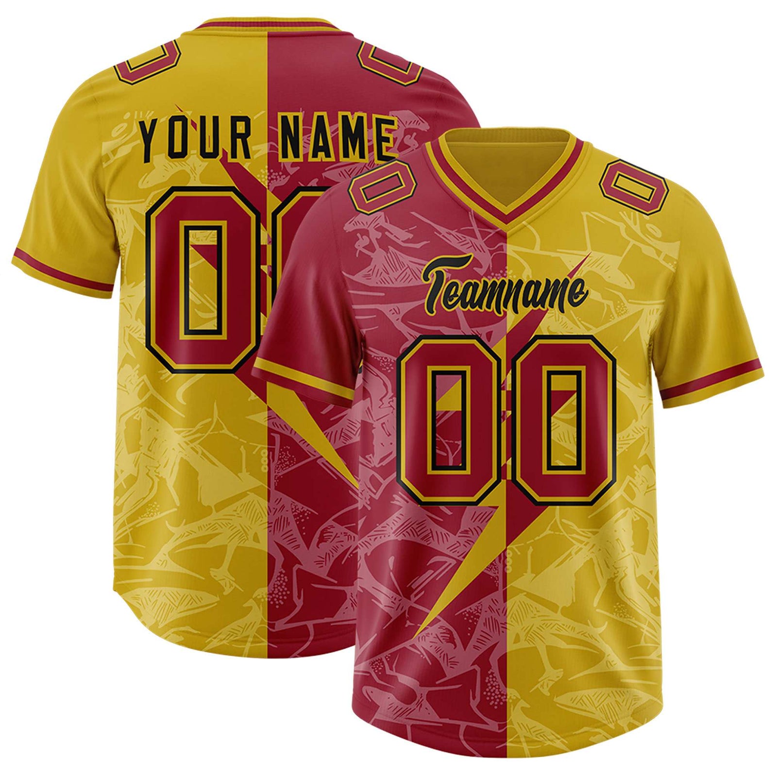 Custom Old Gold Cardinal Split Personalized Lightning Pattern Football Jersey