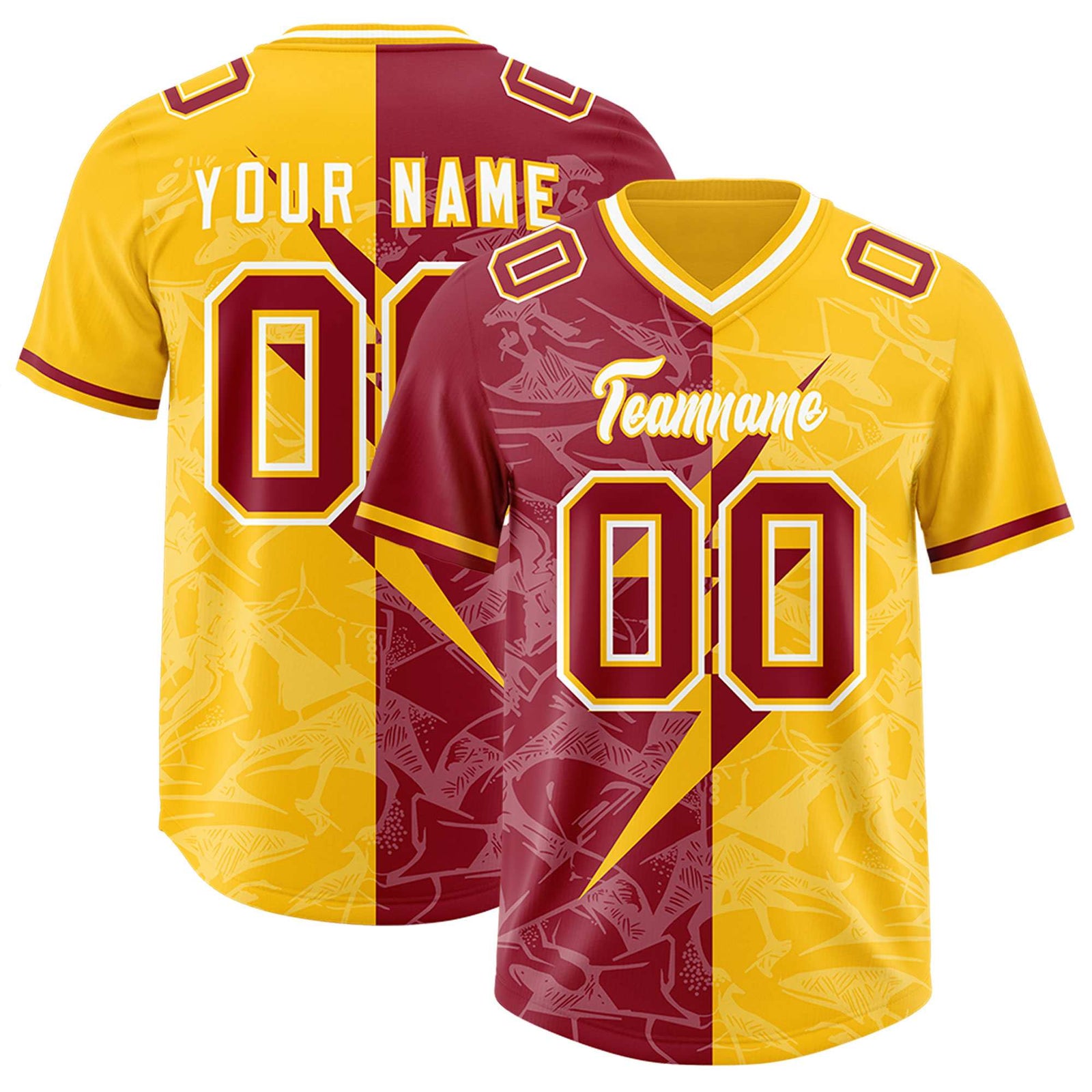 Custom Yellow Cardinal Split Personalized Lightning Pattern Football Jersey